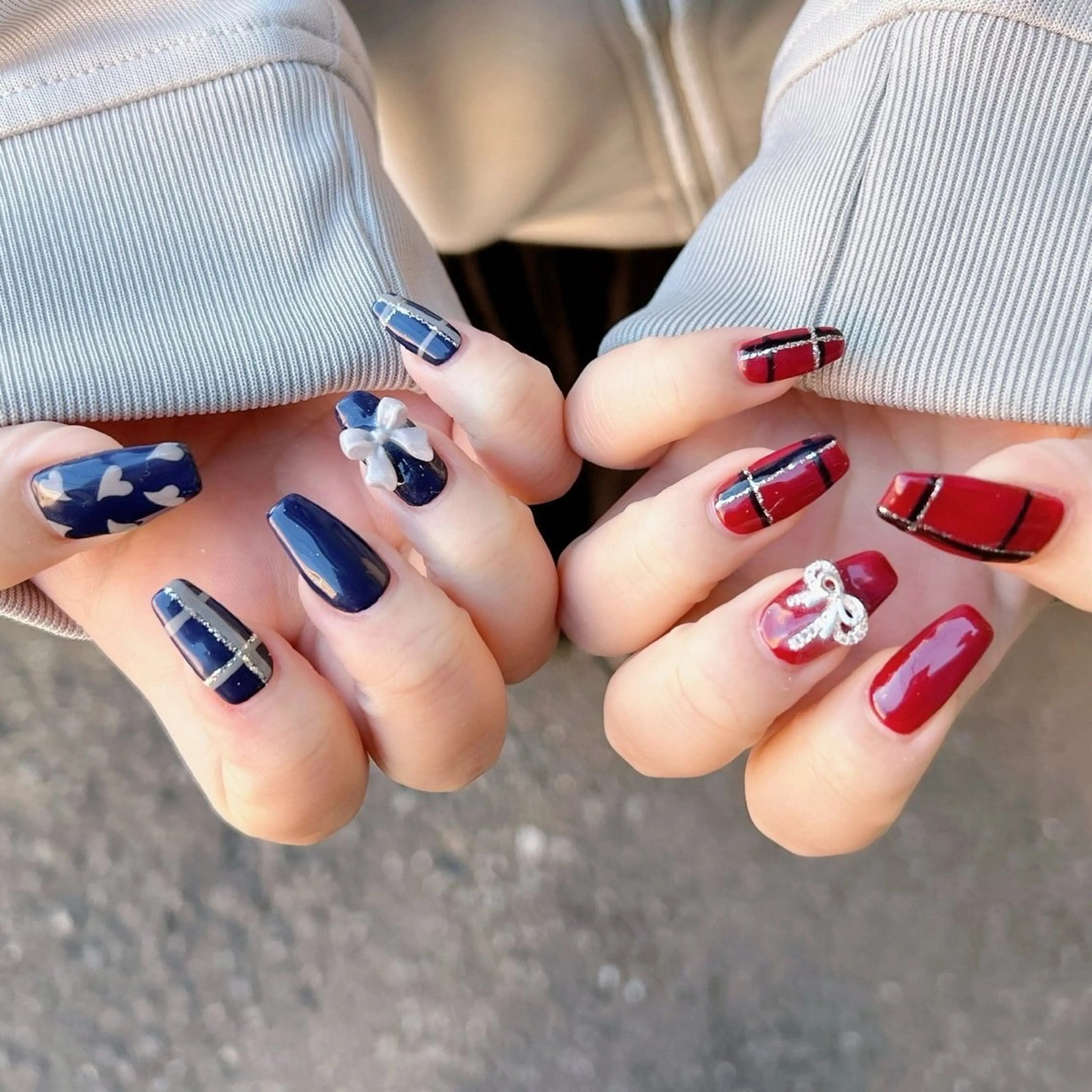 ネイル ボルドー ジェルネイル ハート ネイビー パラジェル ハンドネイル Nail Kのネイルデザイン