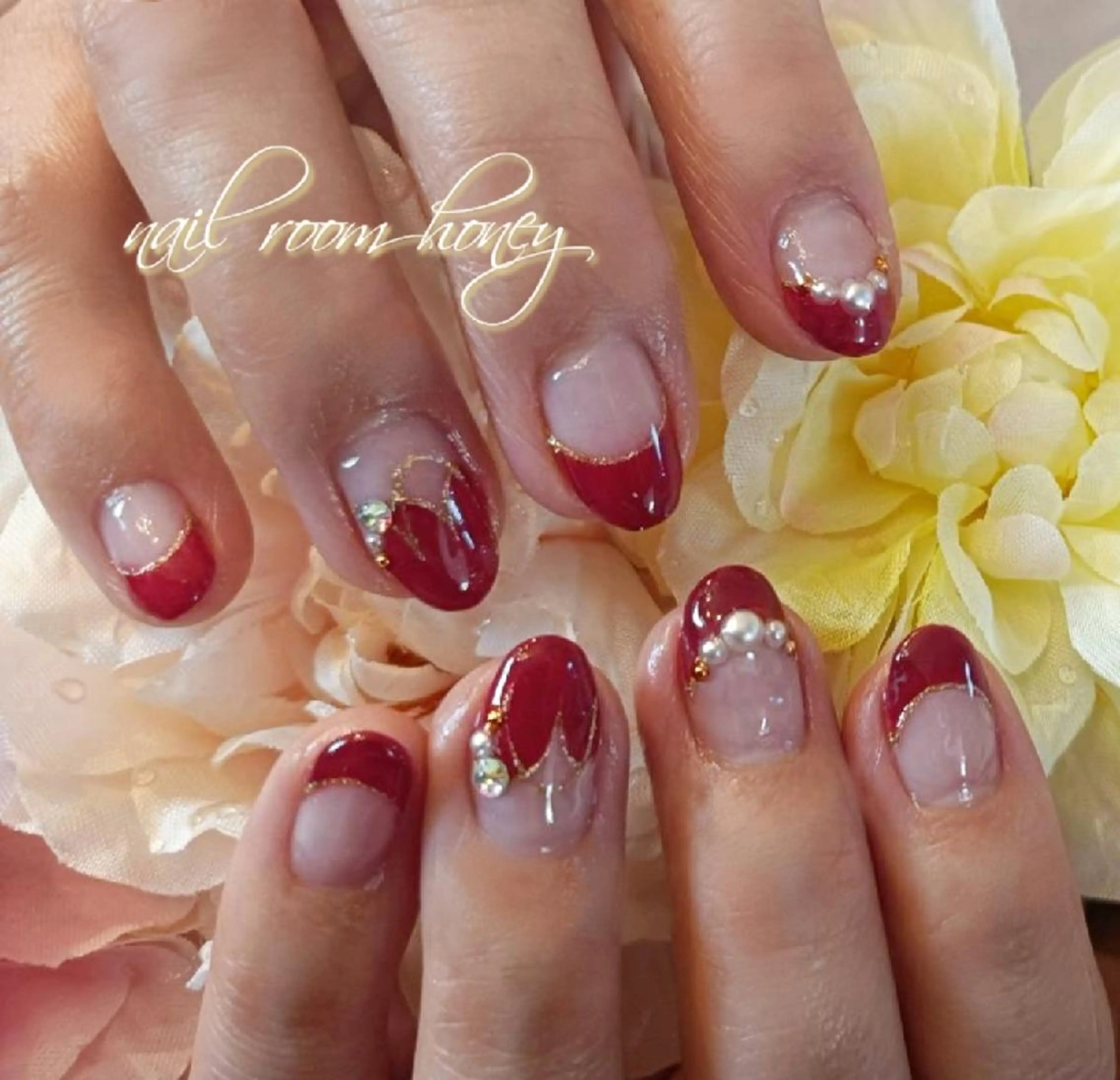 ネイル アートネイル ボルドー フレンチネイル ハート 赤色 nail room  honeyのネイルデザイン