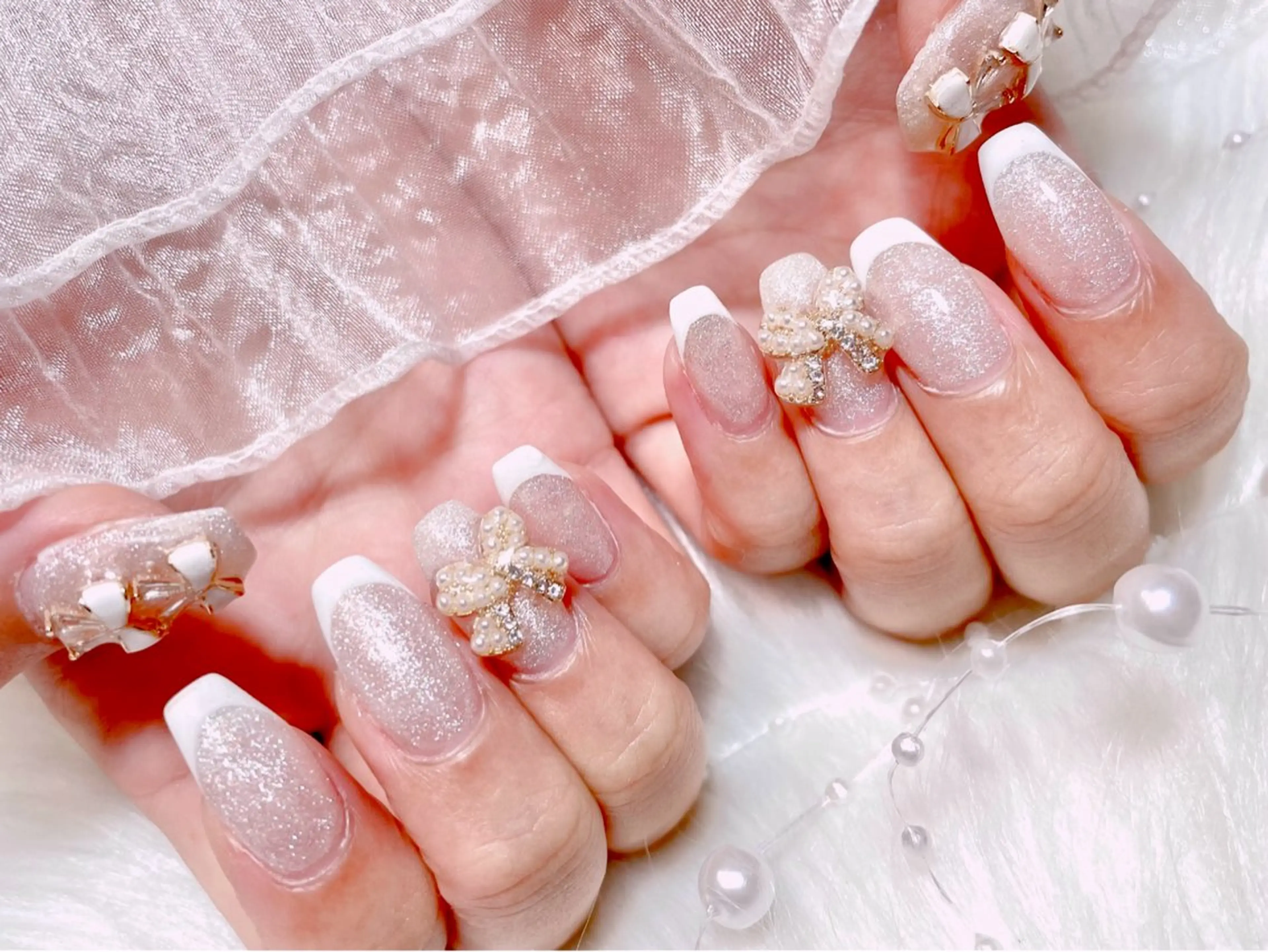 ネイル フレンチネイル リボン ワンホンネイル ハンドネイル ゆりか ジョアアンジェ福島のネイルデザイン