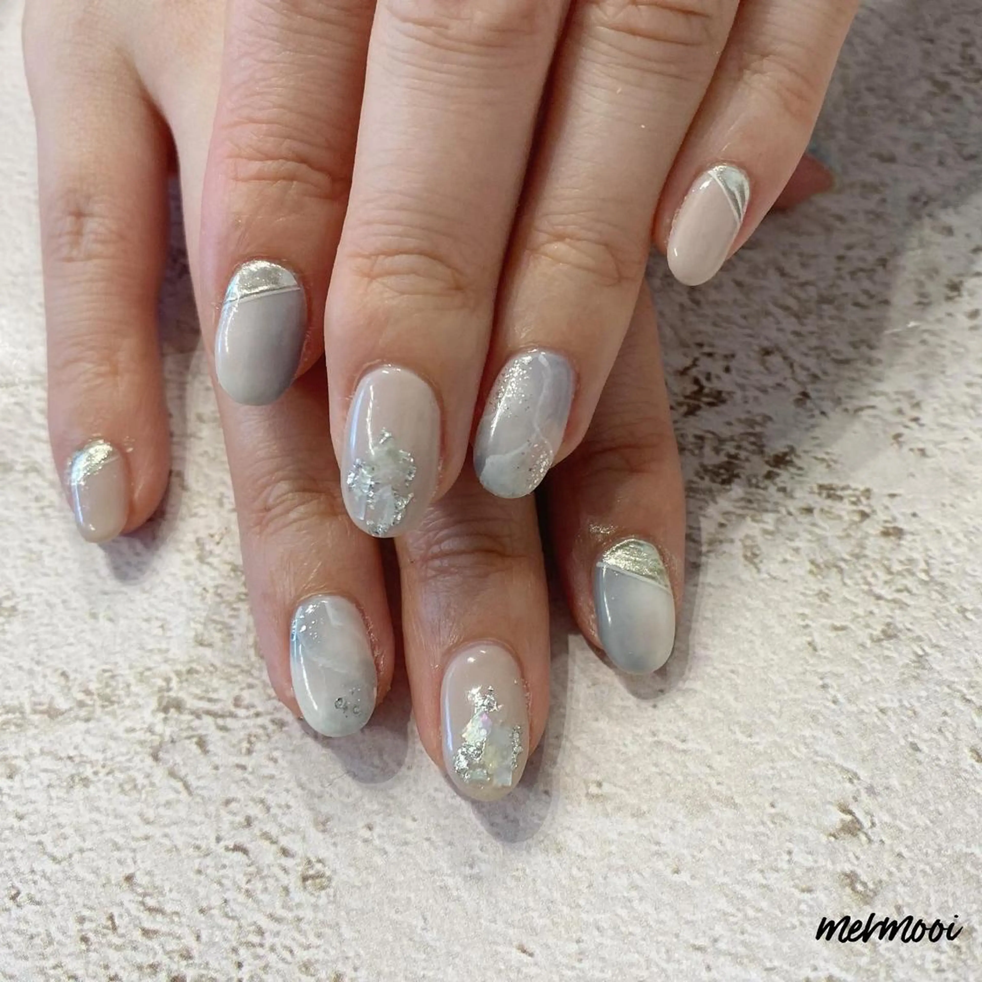 ネイル ブルー キラキラネイル 韓国ネイル 大理石ネイル(マーブル) ミラーネイル ハンドネイル mermooi nailのネイルデザイン
