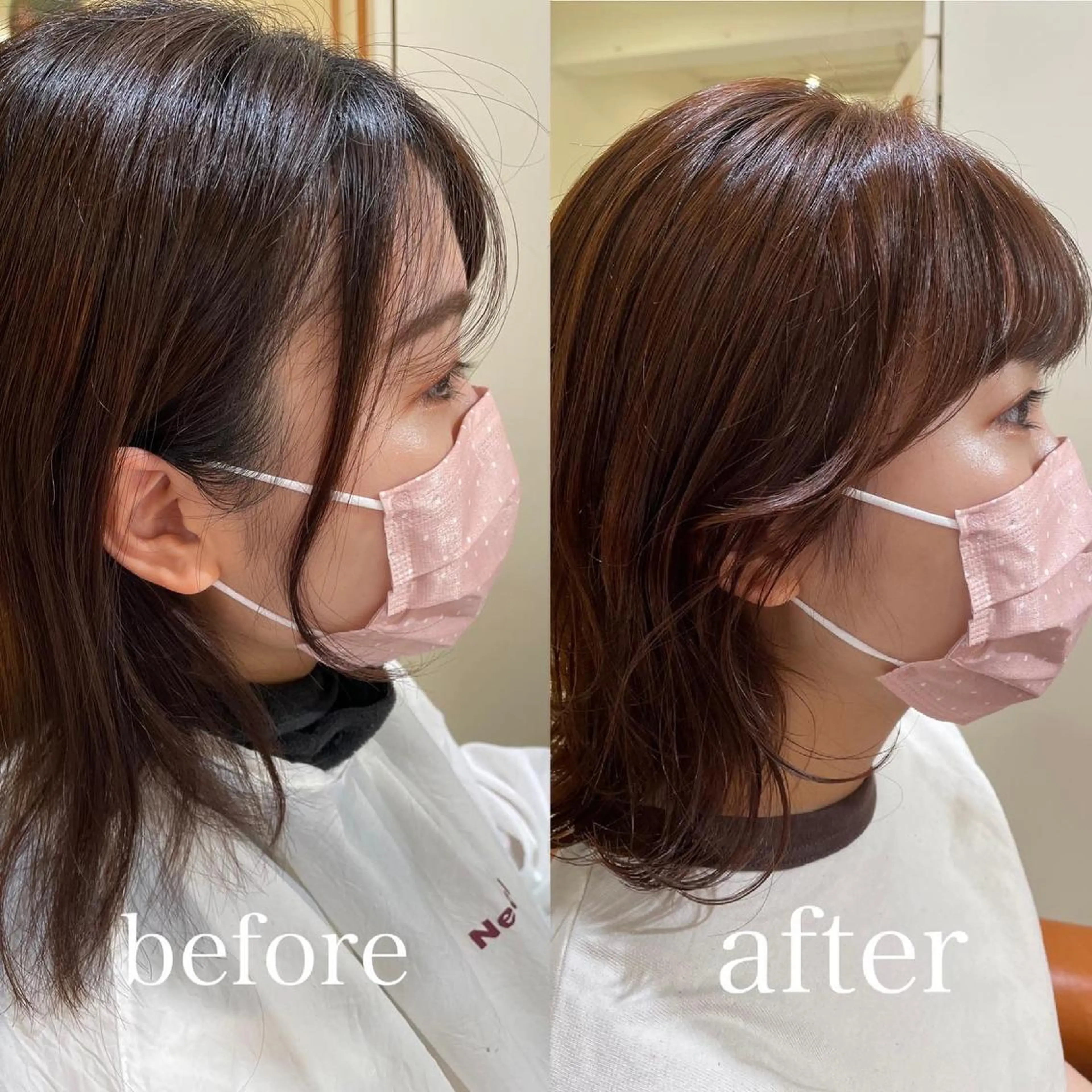 ミディアム オレンジブラウン くびれヘア 顔周りカット 韓国風ヘア 小顔カット カット ヘアカラー トリートメント 清水　ちひろ ✄トップスタイリストのヘアスタイル
