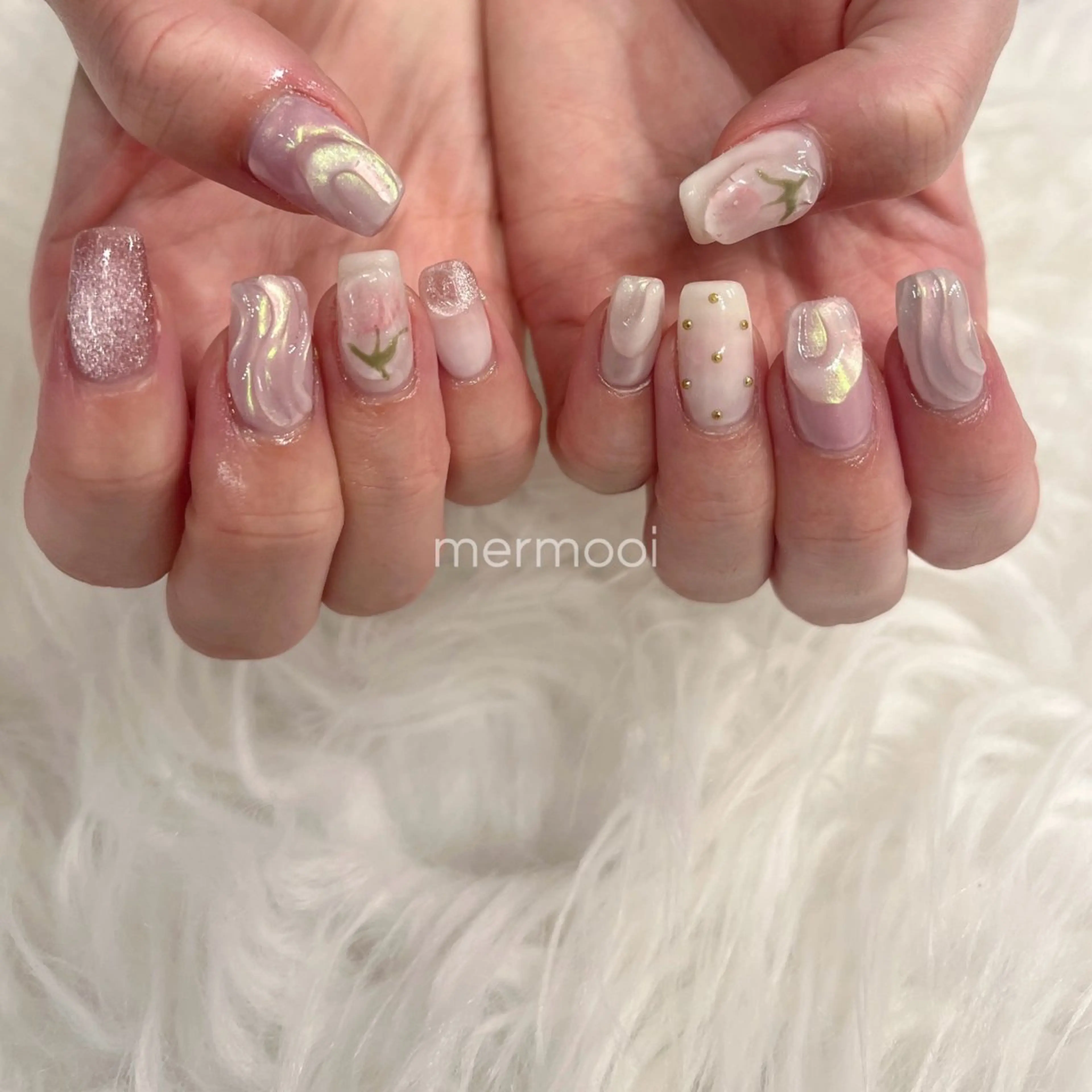 ネイル 韓国ネイル ニュアンスネイル ぷっくりネイル 春ネイル ハンドネイル melu所属・melu yukikoのネイルデザイン