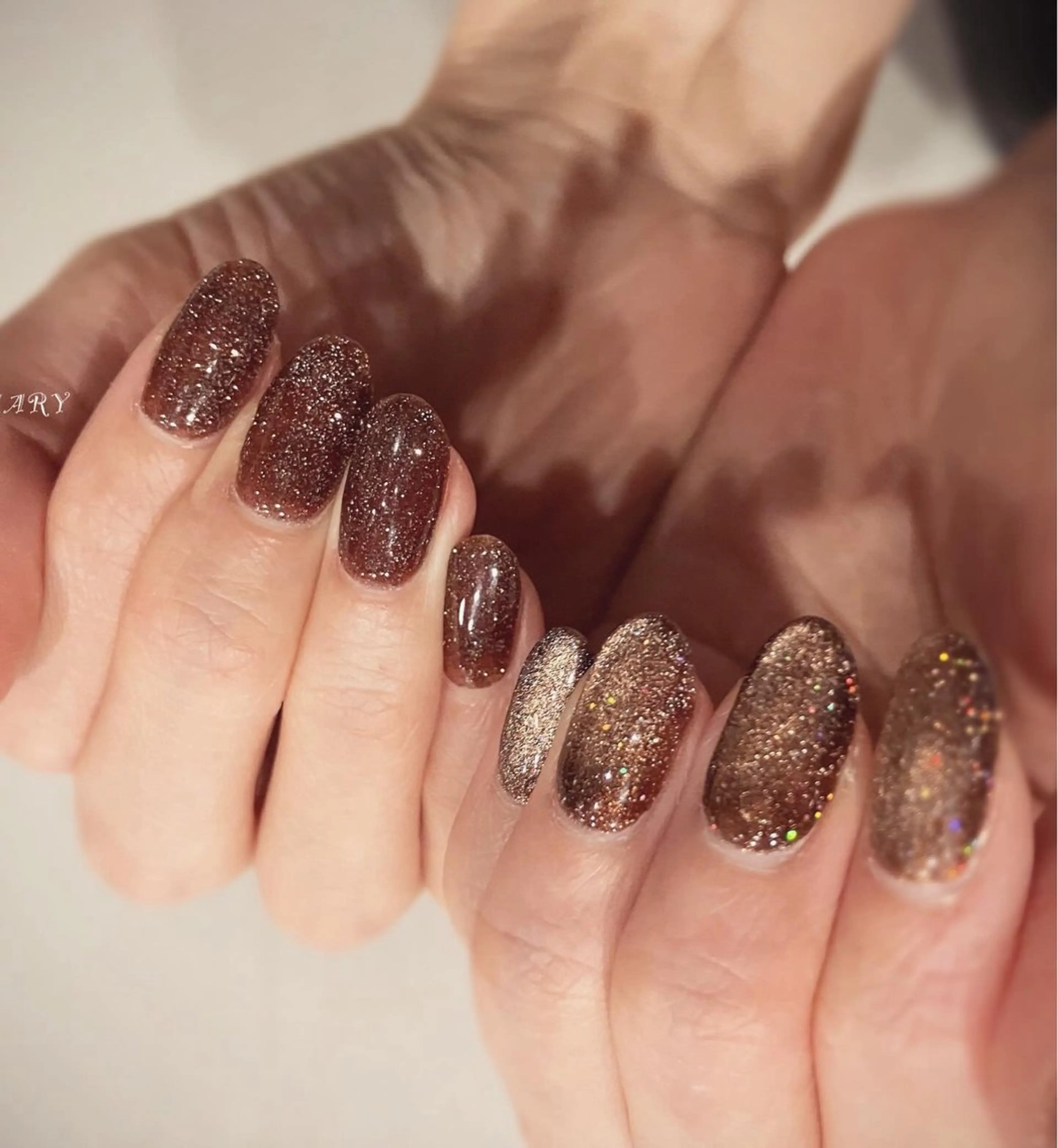 ネイル ブラウン フラッシュネイル キラキラネイル マグネットネイル ニュアンスネイル Mary nail所属・Mary nail .narumiのネイルデザイン