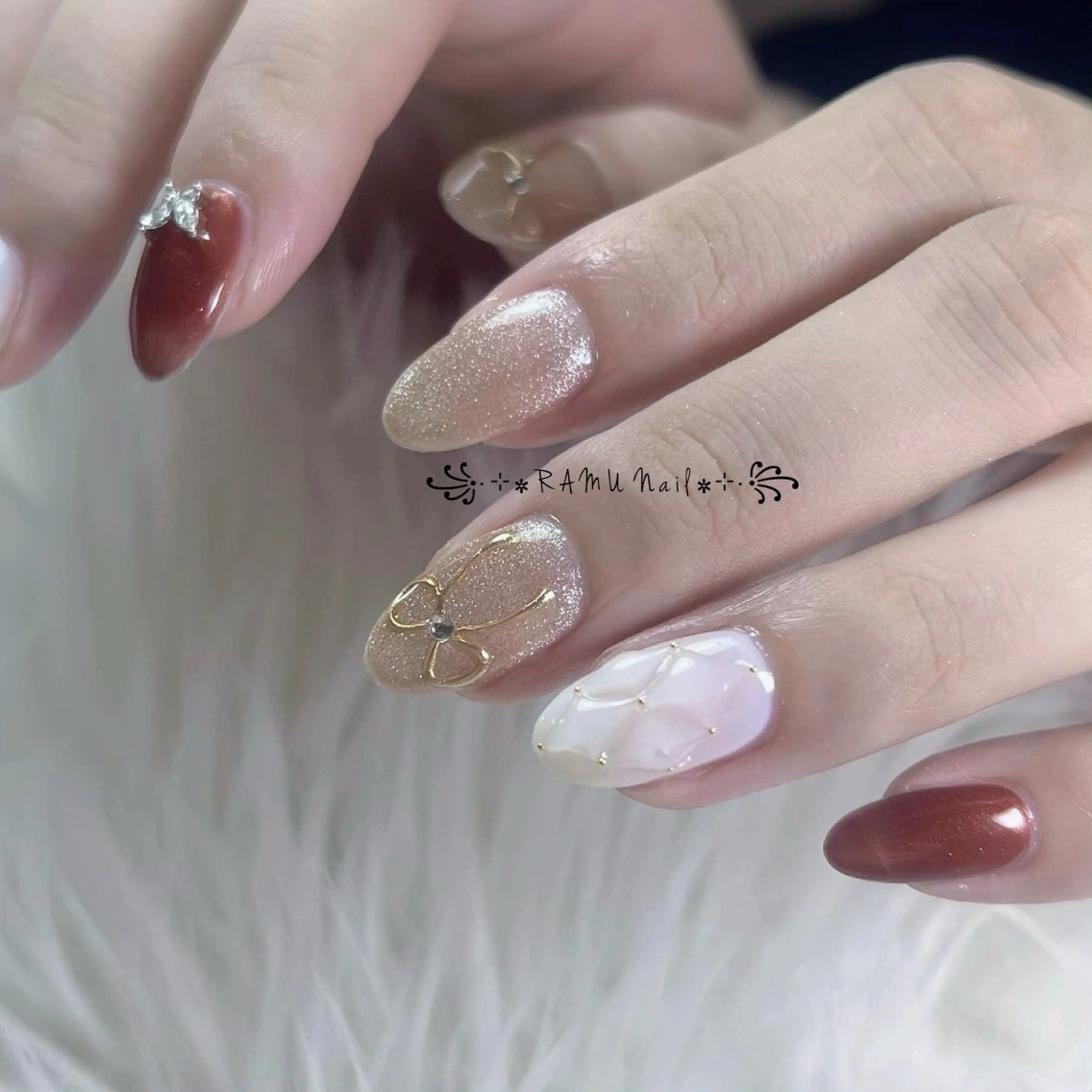 ネイル キラキラネイル マグネットネイル ミラーネイル ピンク ワンホンネイル ハンドネイル RAMU Nail 恵比寿店のネイルデザイン