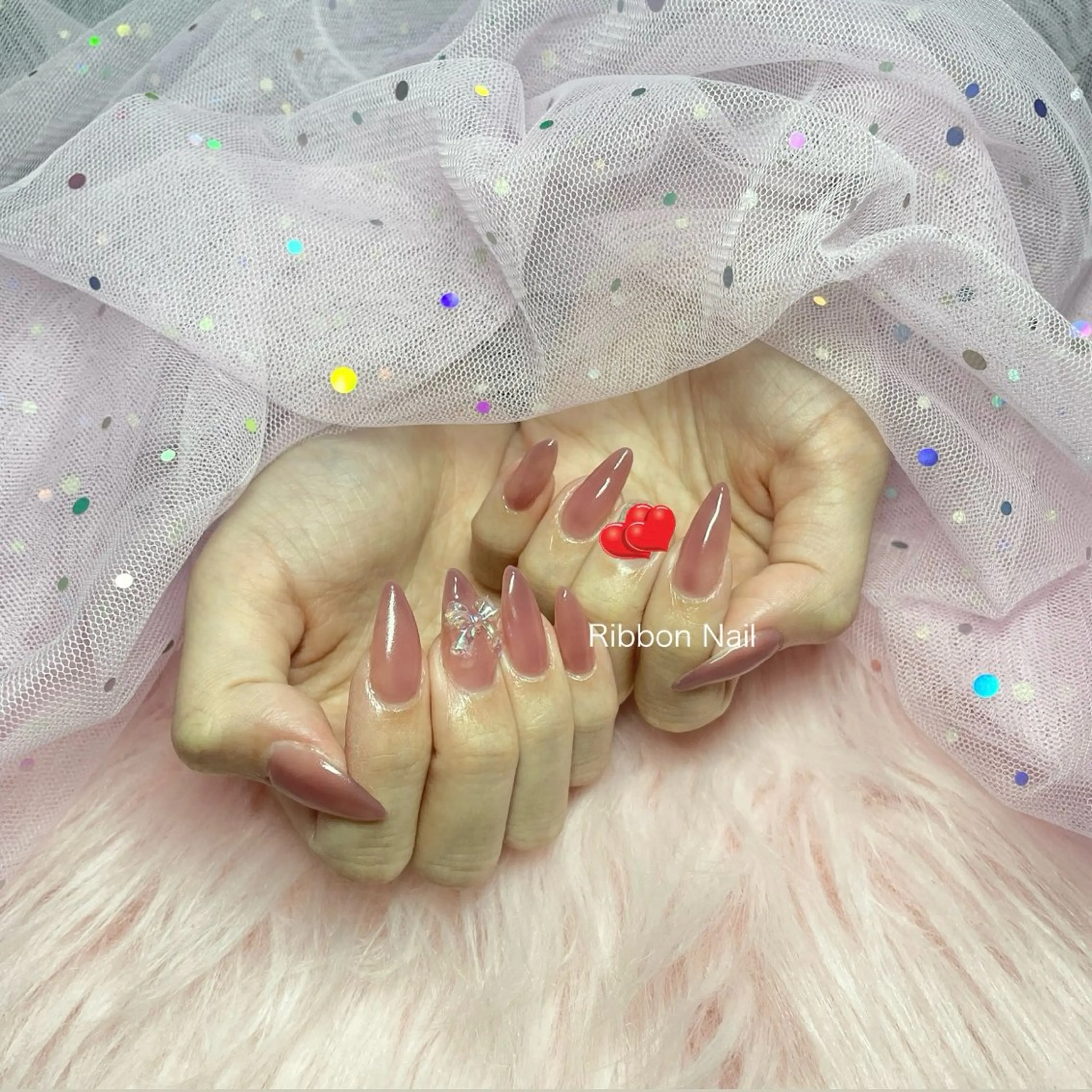 ネイル ワンカラーネイル ピンク ハンドネイル Ribbon nailのネイルデザイン