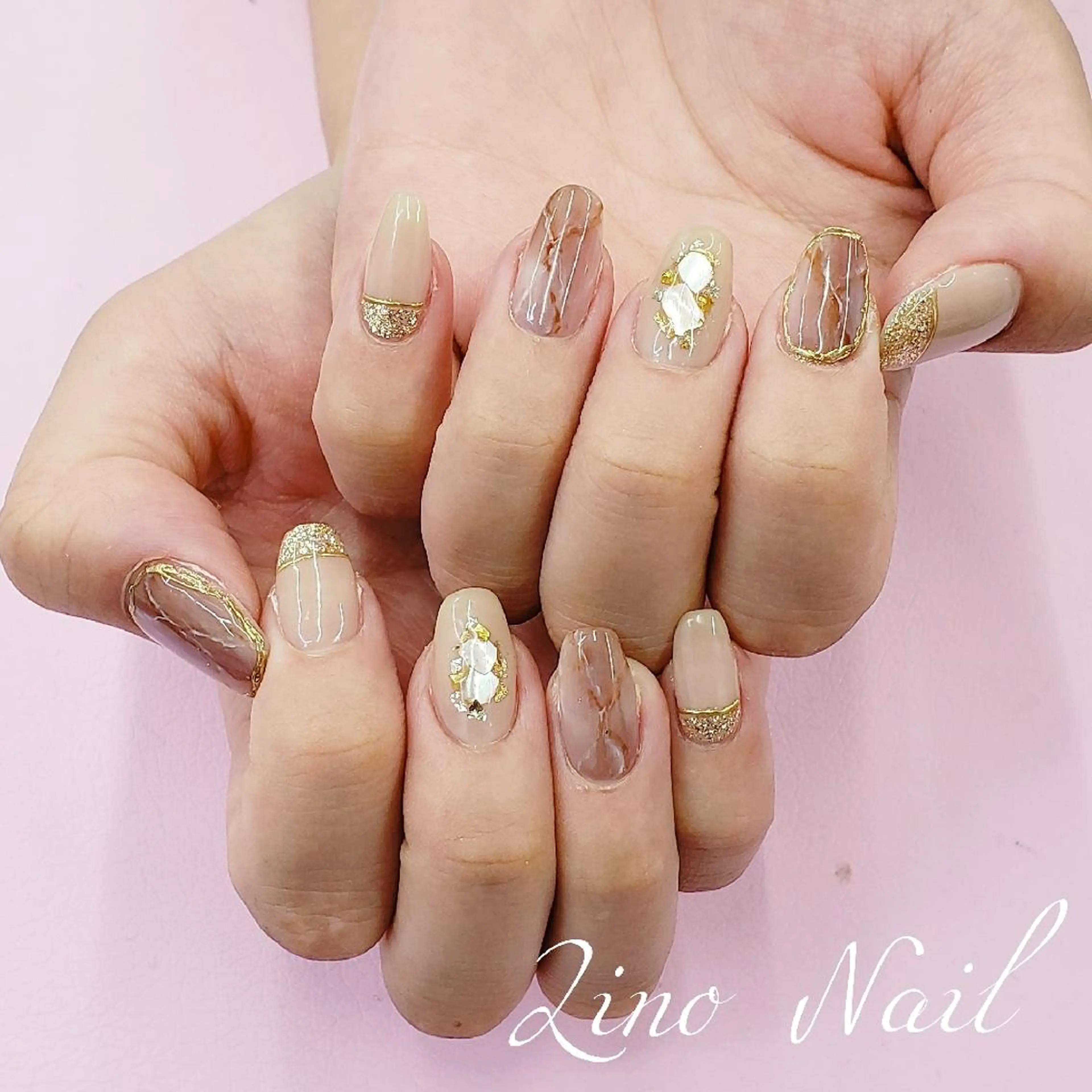 ネイル カジュアル ジェルネイル ラメ(グリッター) 大理石ネイル(マーブル) ミラーネイル ハンドネイル Lino Nailのネイルデザイン