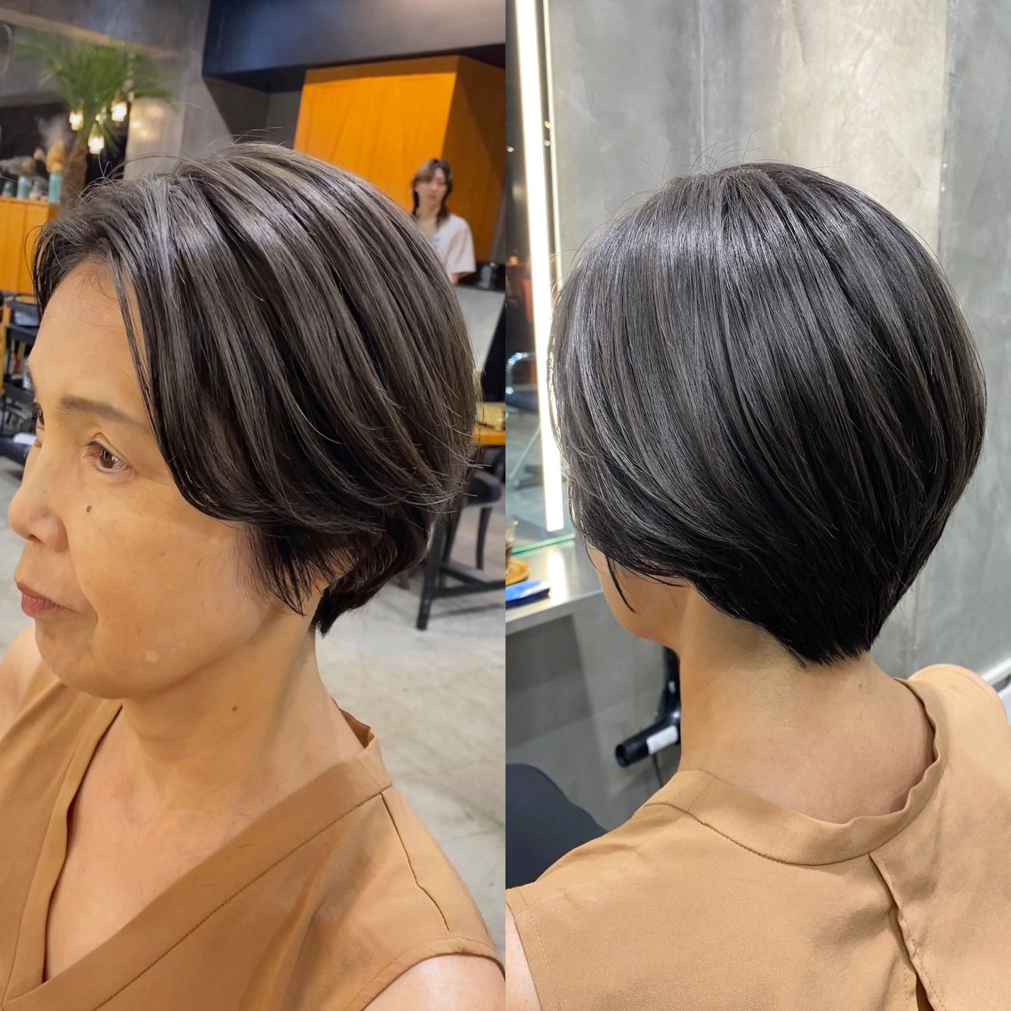 ショート カラー グレージュ かきあげバング ブリーチなしダブル カラー🧸🐺陽介のヘアスタイル