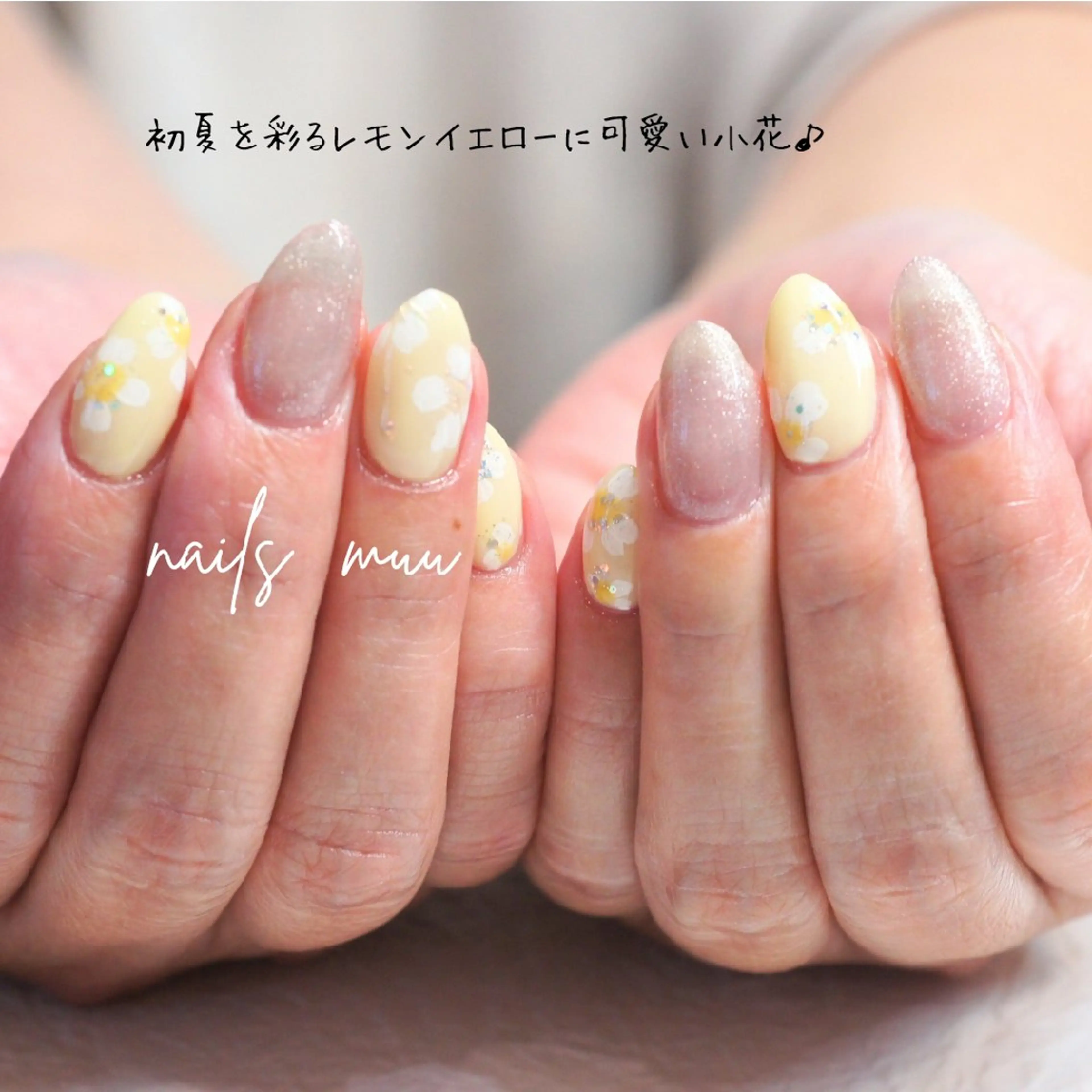 ネイル フラワーネイル マグネットネイル 夏ネイル 黄色 ハンドネイル nails muu まゆのネイルデザイン