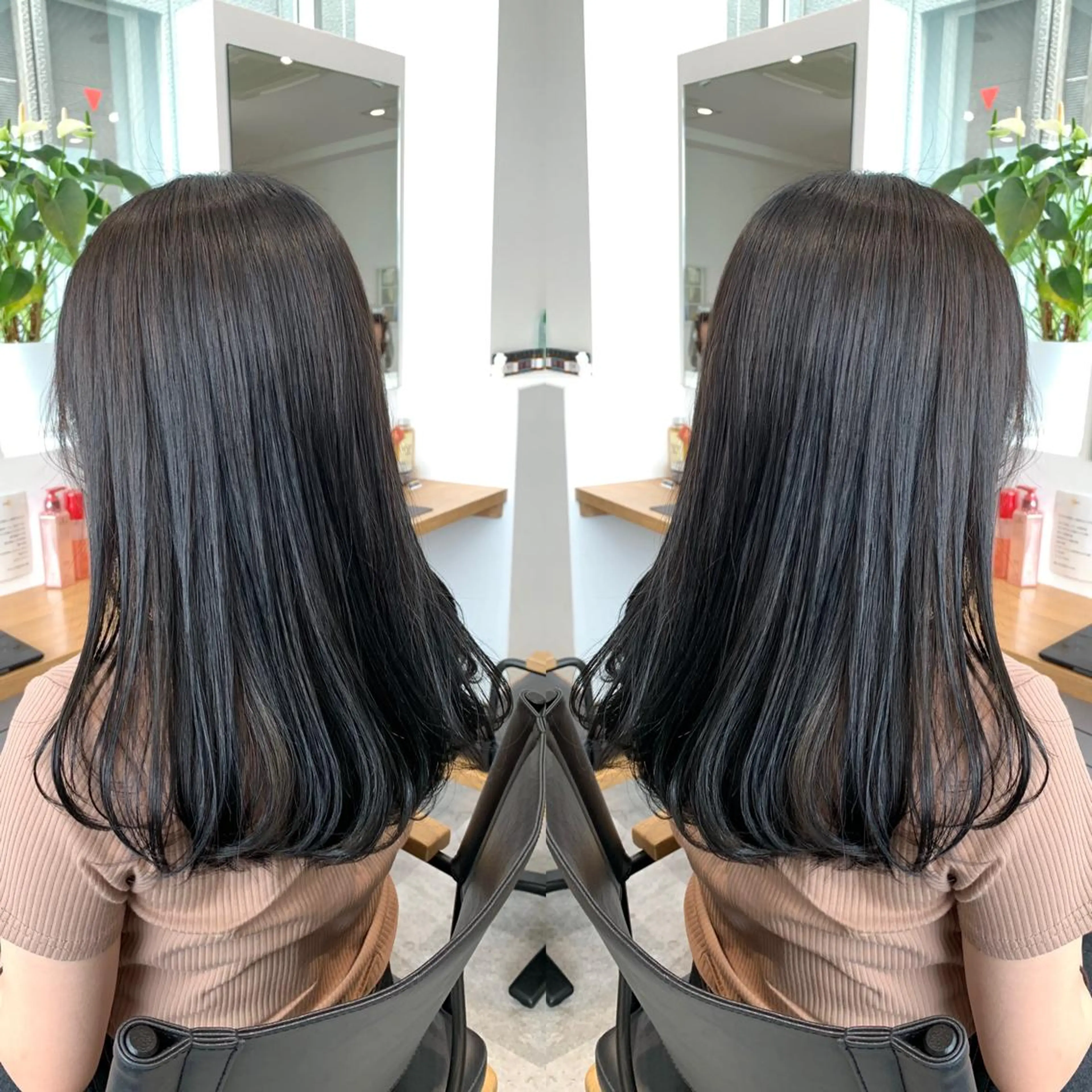 セミロング アッシュ ハイライト レイヤーカット 縮毛矯正 Nishida Ryomaのヘアスタイル