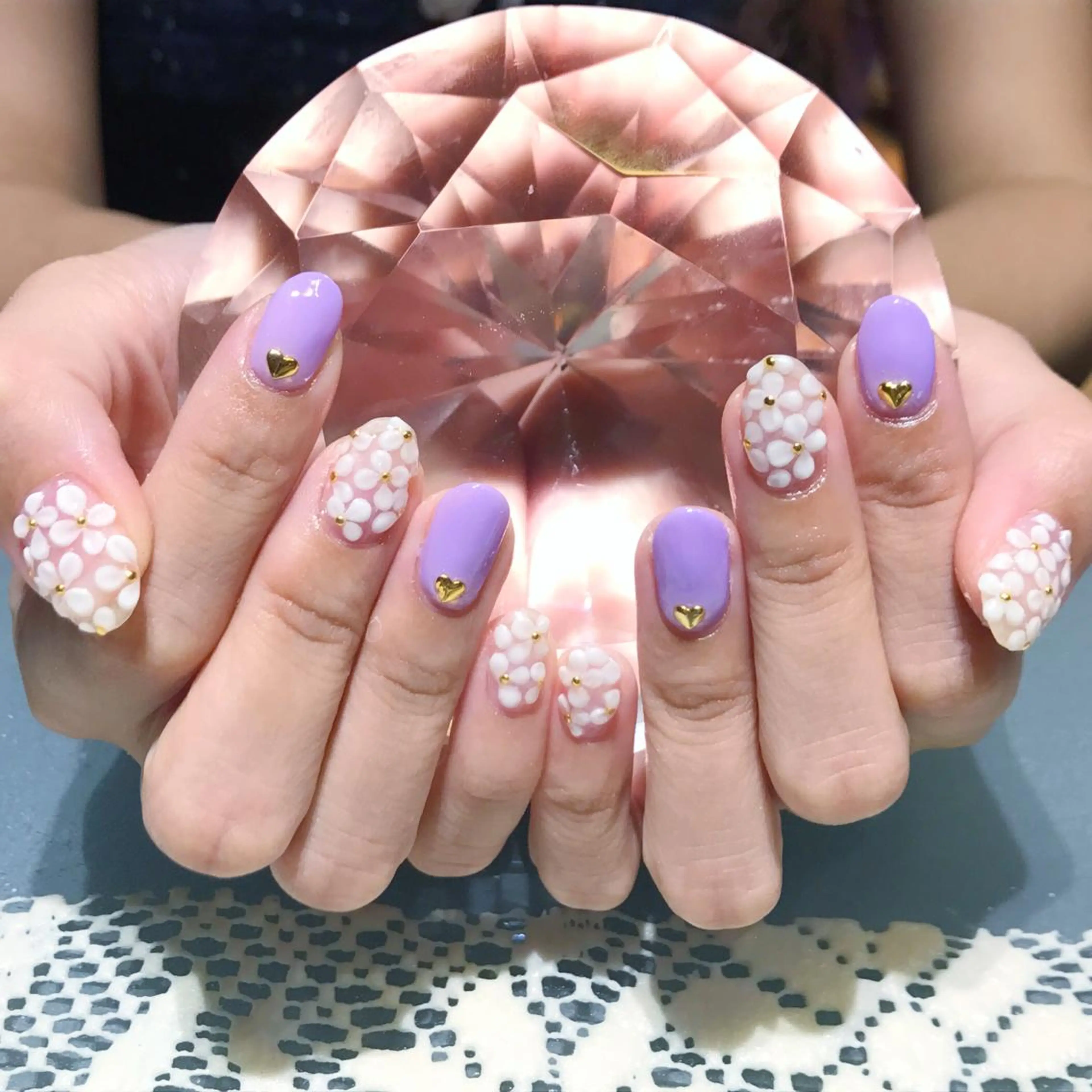 ネイル フラワーネイル ハート パープル YUN 💅のネイルデザイン