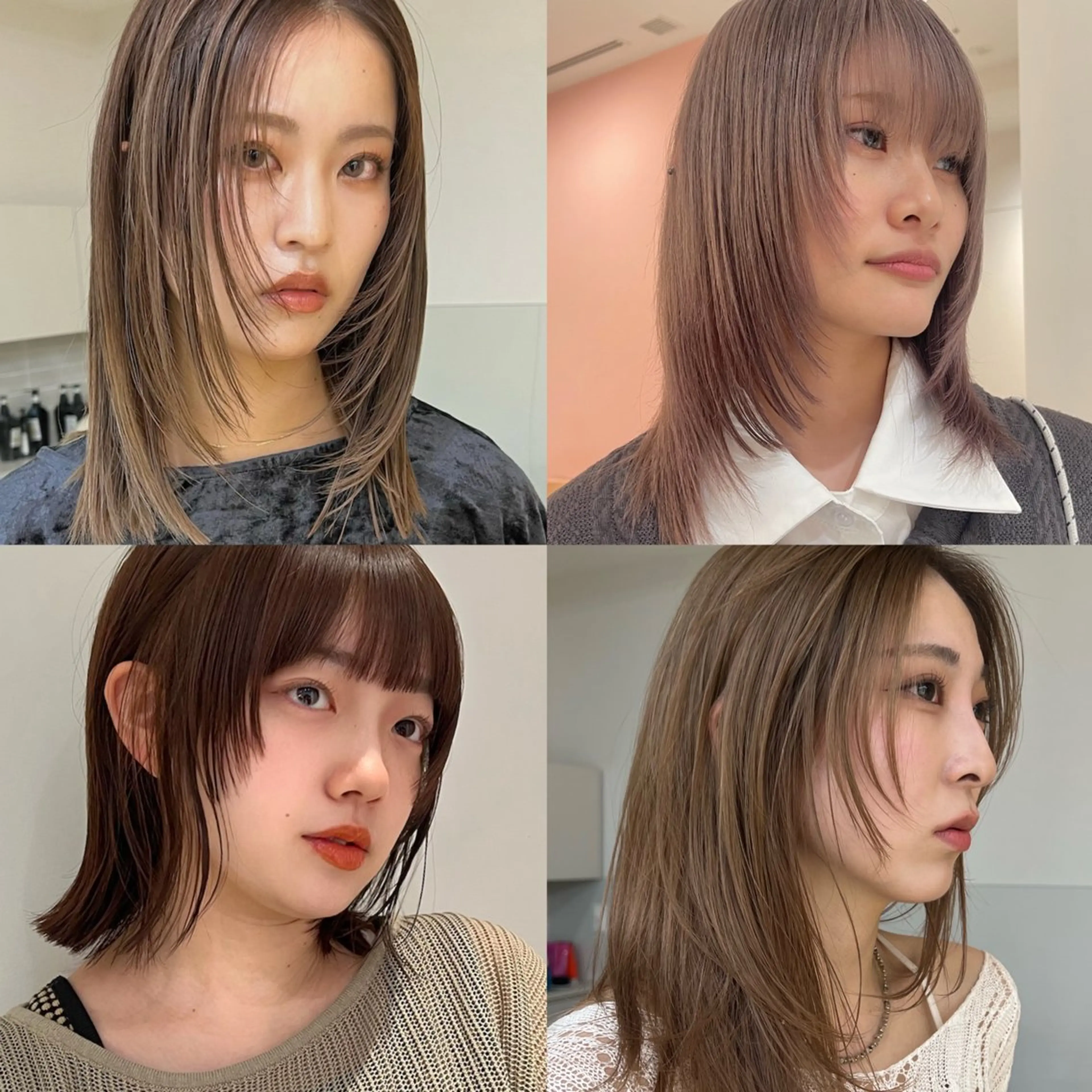 ミディアム カラー ミディアムパーマ 透明感カラー ダブルカラー インナーカラー くびれヘア カット ヘアカラー トリートメント ニュアンスレイヤー ハイトーンカラーのヘアスタイル