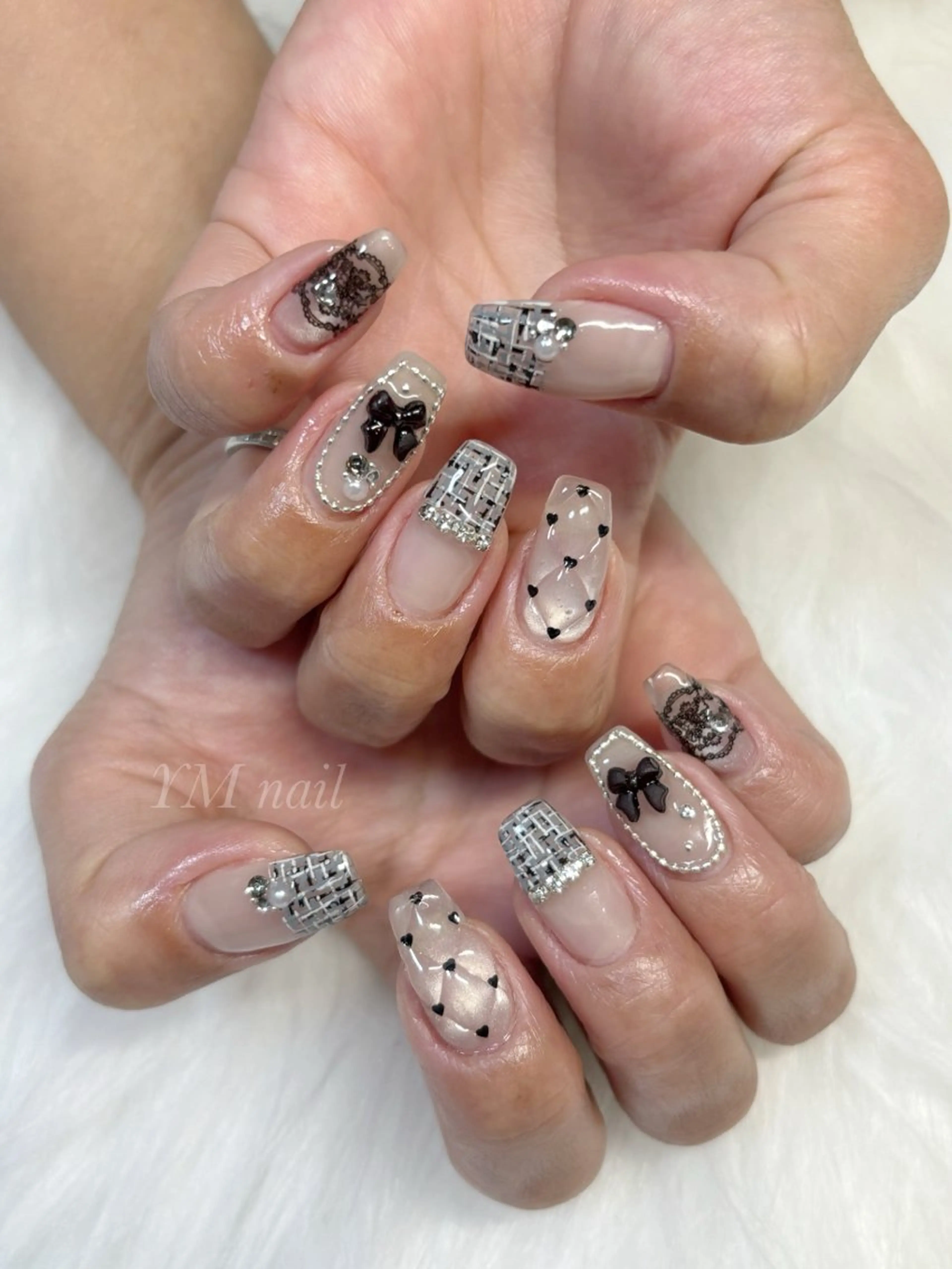 ネイル ジェルネイル ハート 韓国ネイル レース リボン ハンドネイル YM nailのネイルデザイン