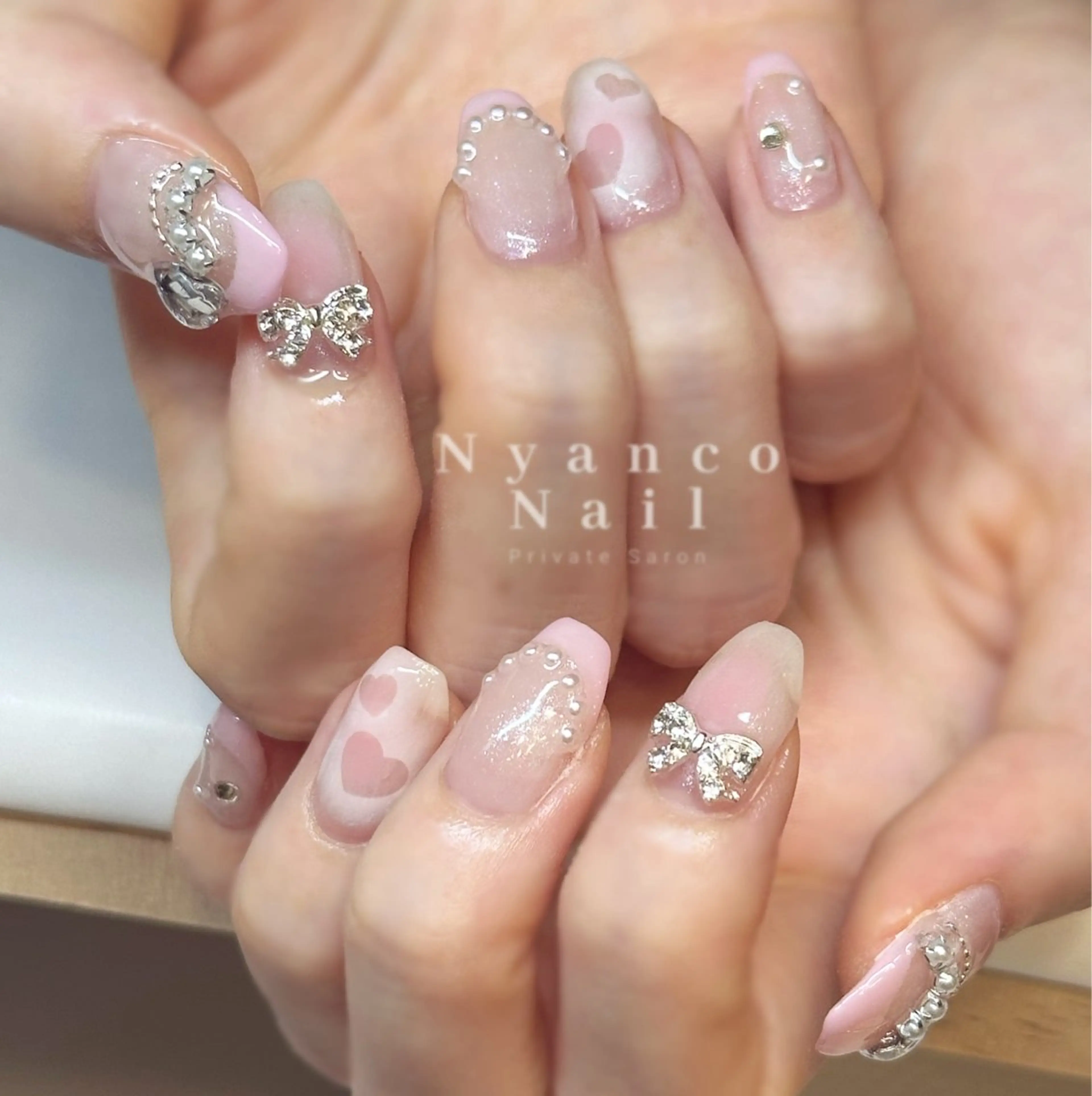 ネイル フレンチネイル ジェルネイル ガーリー ハート ピンク Nyanco Nailのネイルデザイン
