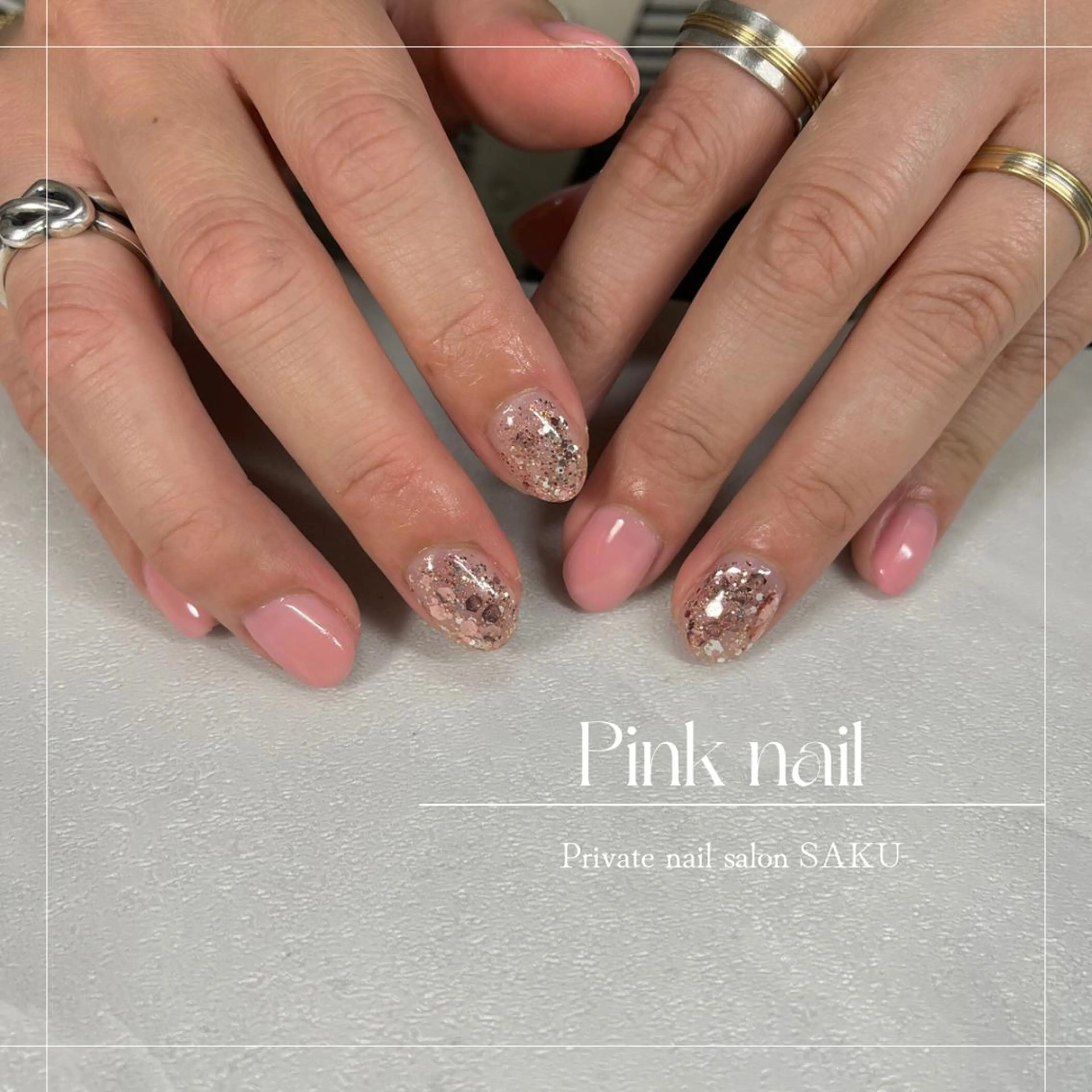 ネイル ラメ(グリッター) ピンク ハンドネイル SAKU  nail[サクネイル]所属・SAKU nail 作島茜のネイルデザイン