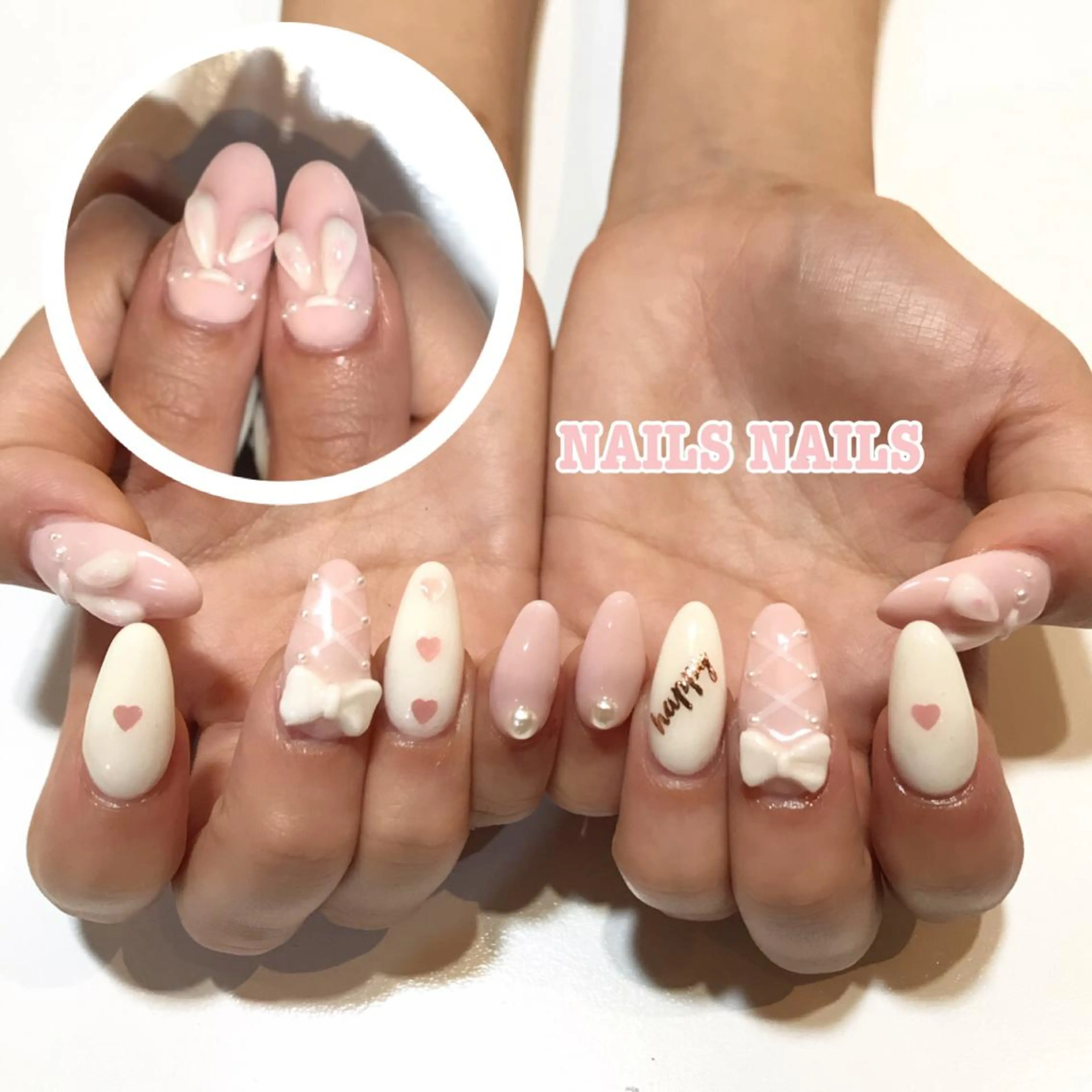 ネイル ハート ミディアムネイル ピンク リボン スカルプネイル NAILSNAILS ERIKAのネイルデザイン