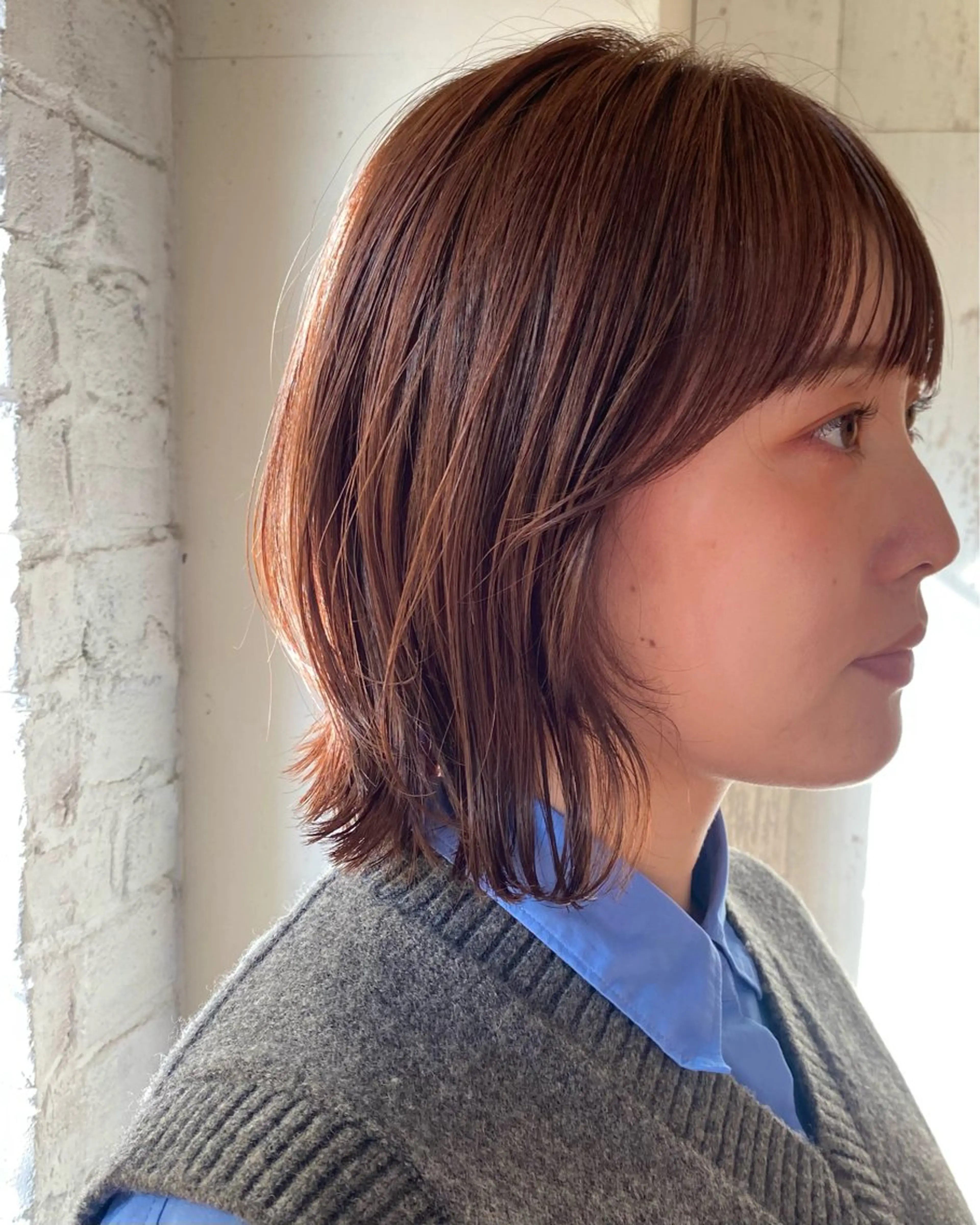 ミディアム カラー ボブレイヤー ベージュカラー コーラルベージュ ボブ レイヤーカット カット ヘアカラー トリートメント shiori/暖色/ レイヤー/似合わせのヘアスタイル