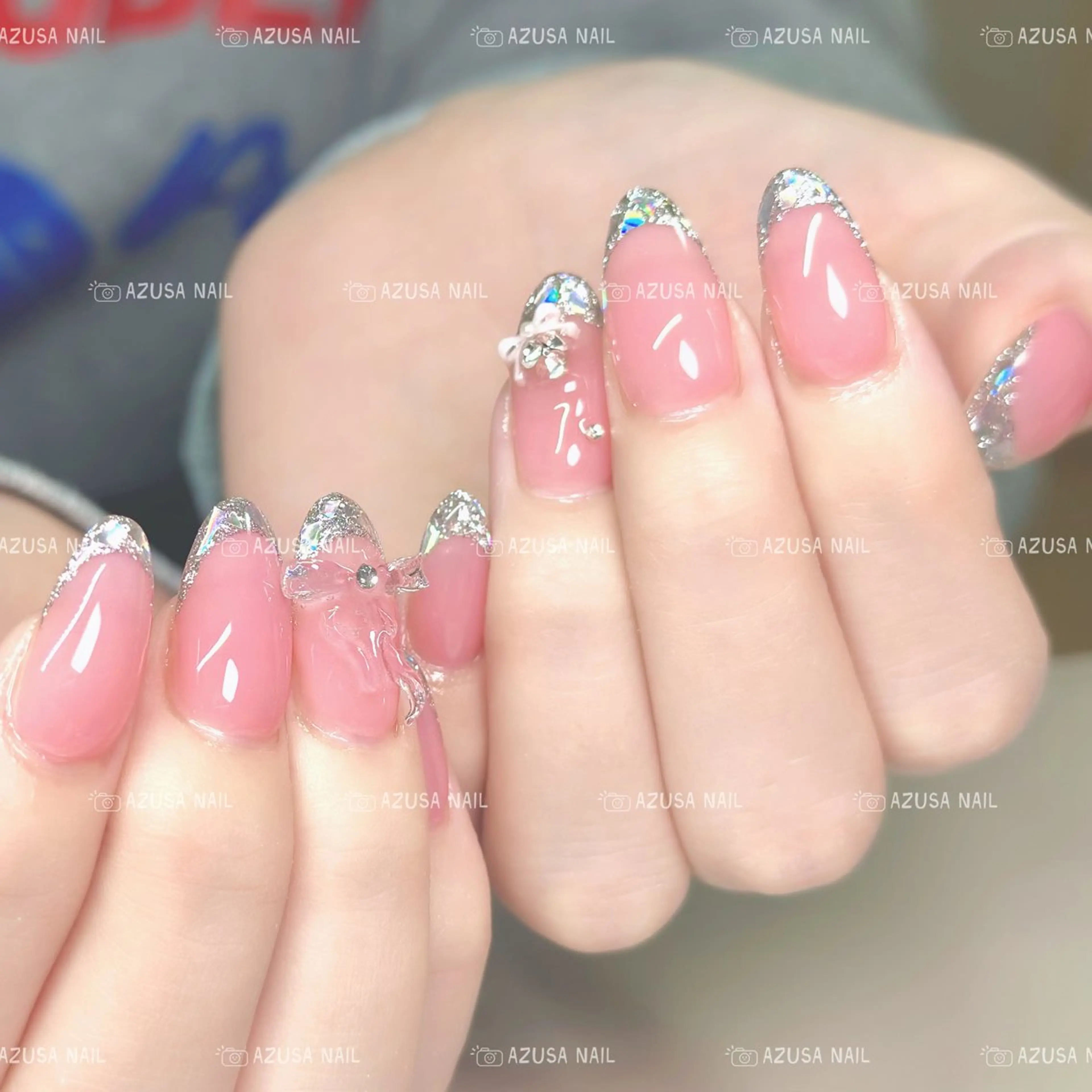 ネイル フラッシュネイル フレンチネイル ガラスフレンチ キラキラネイル ラメ(グリッター) ハンドネイル 🧸自宅ネイル あずさのネイルデザイン