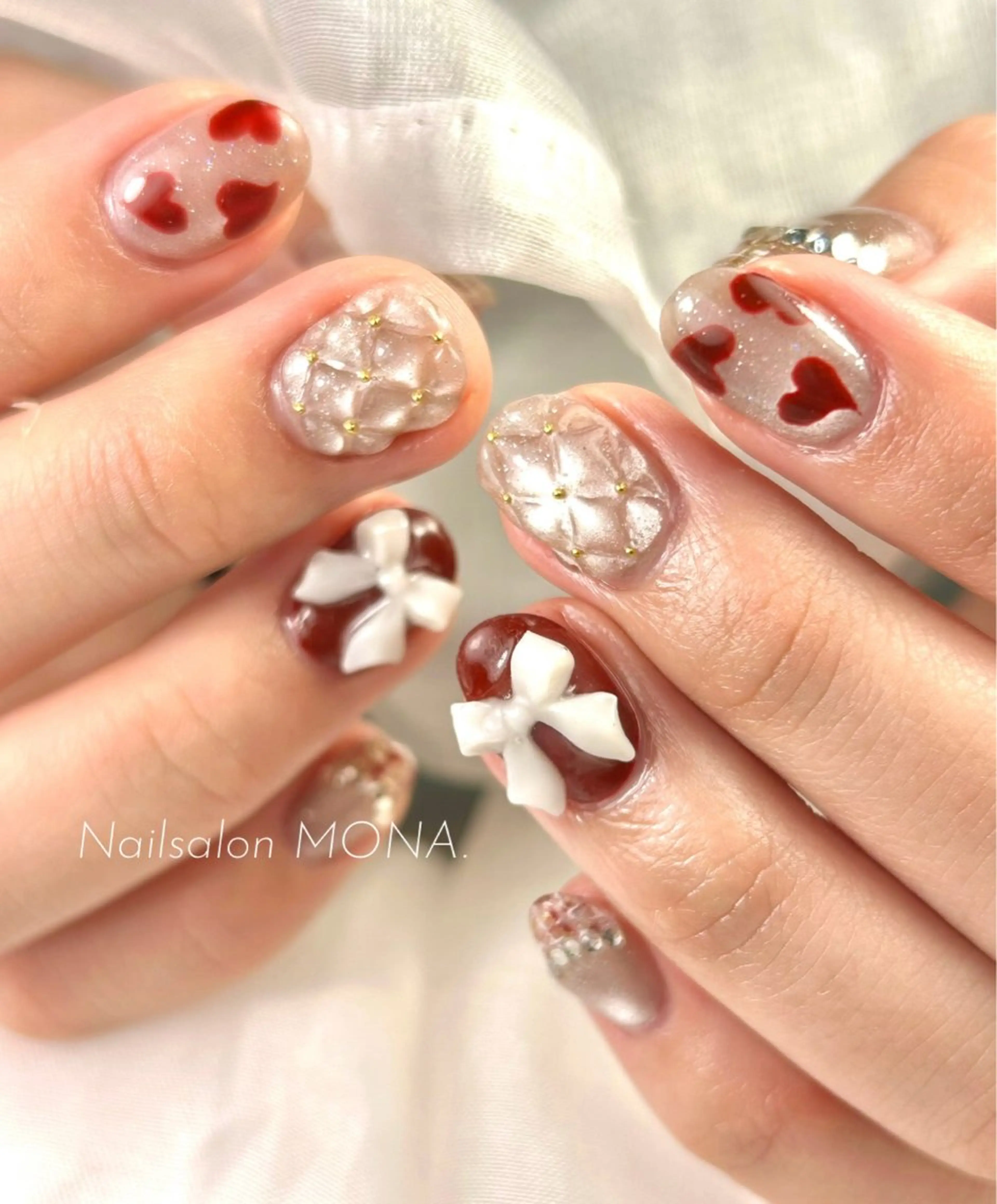 ネイル ボルドー フレンチネイル マグネットネイル リボン ツイードネイル ハンドネイル Nailsalon MONA.のネイルデザイン