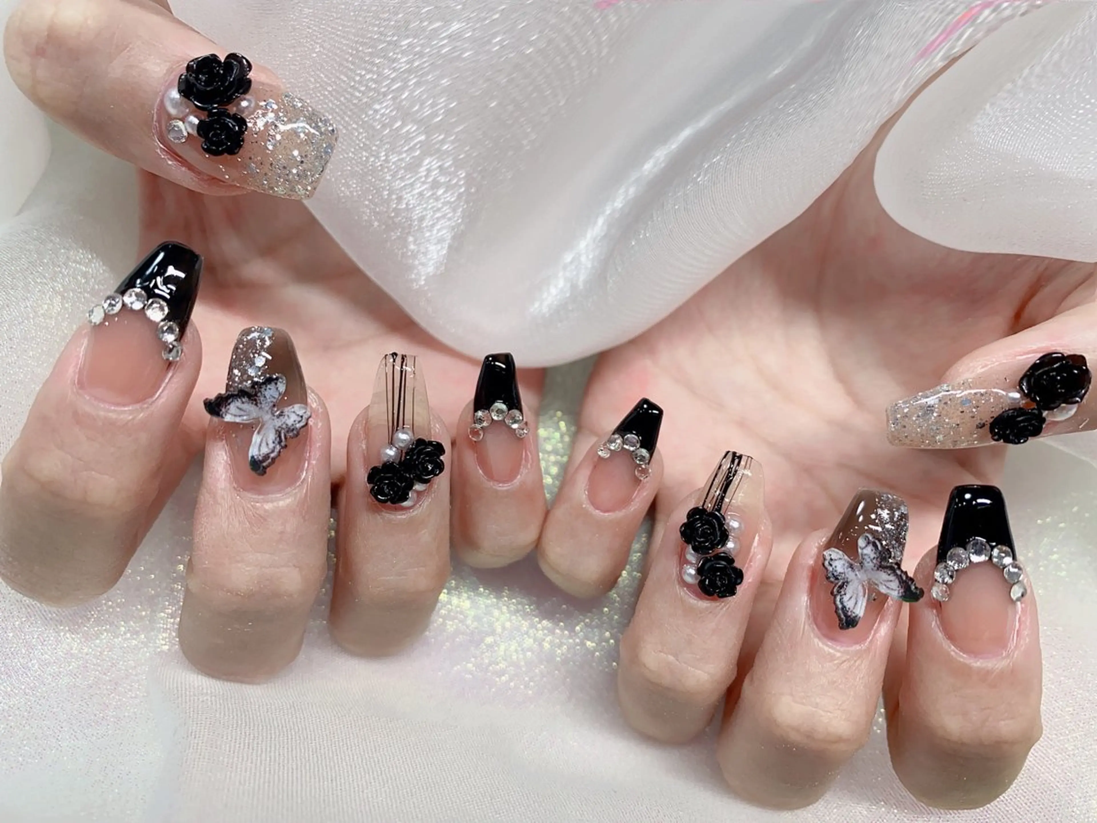 ネイル 長さ出し ジェルネイル キラキラネイル 大理石ネイル(マーブル) ニュアンスネイル Morpho nailのネイルデザイン