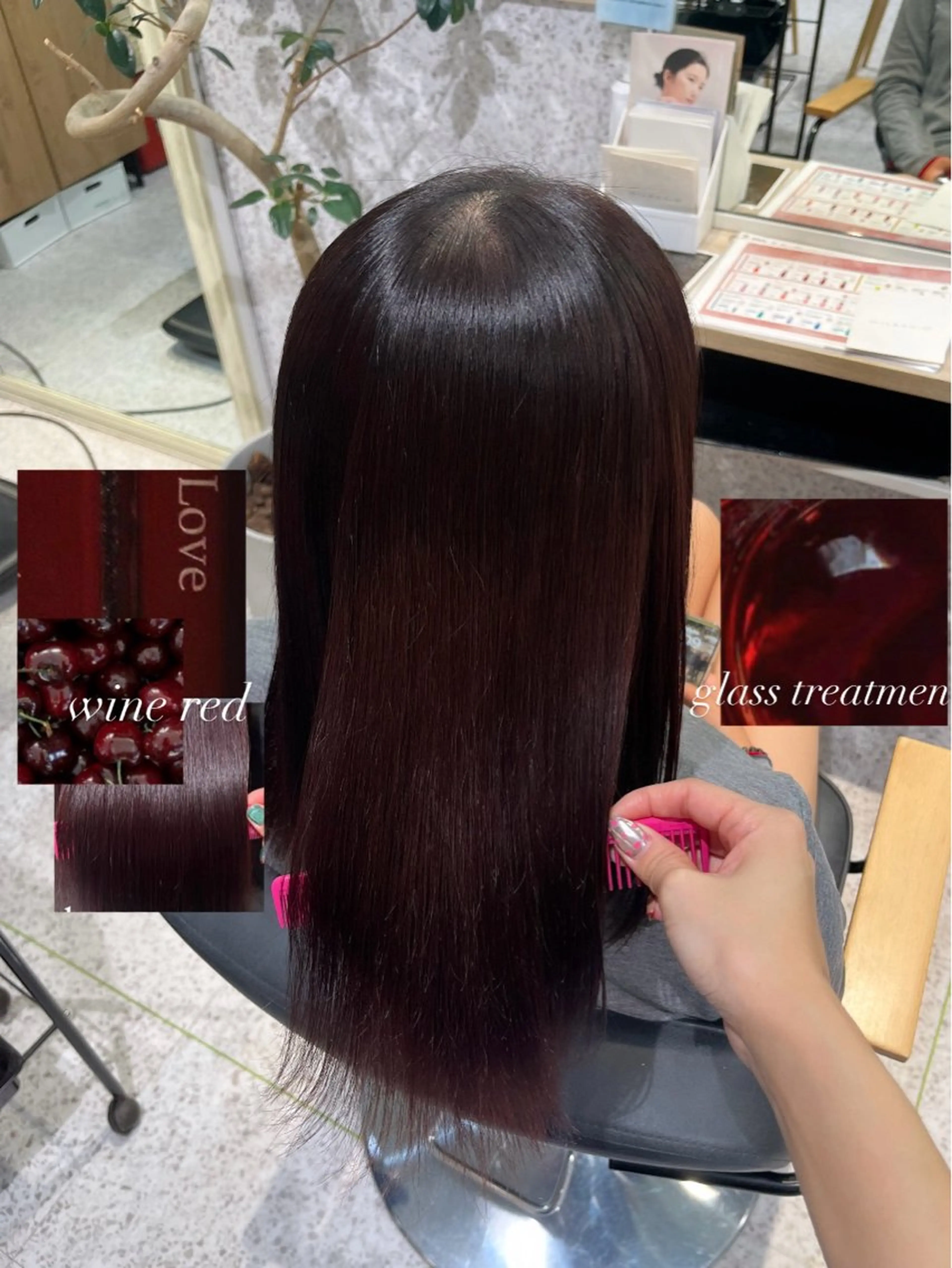 セミロング カラー ブリーチ ボルドーカラー カシス ピンクカラー 顔周りカット 髪質改善&艶カラー/ ほんだあみ (♡)のヘアスタイル