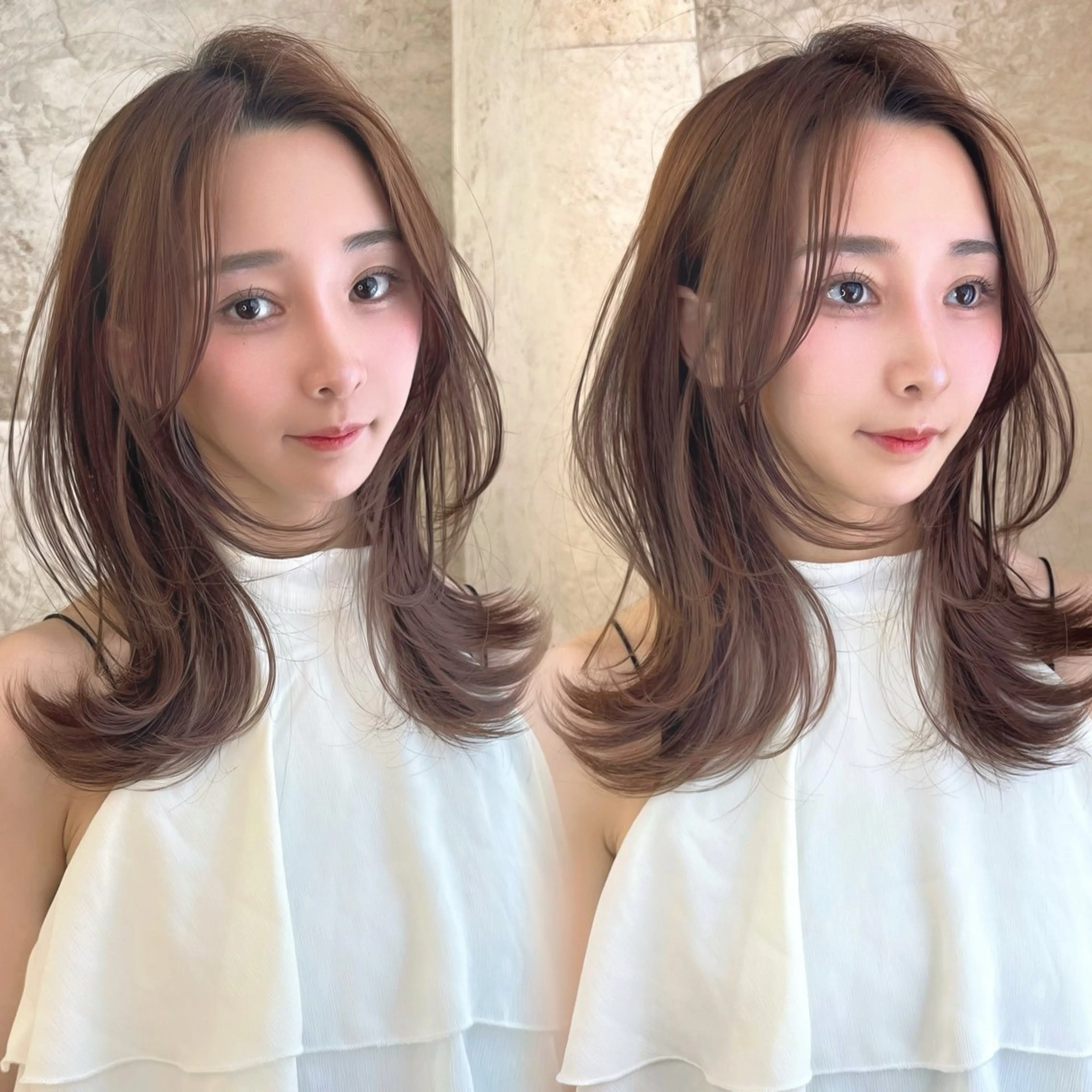 ミディアム カラー ブラウンカラー 透明感カラー レイヤーカット カット ヘアカラー トリートメント 荻野 峻輔/韓国ヘア /レイヤー/艶カラーのヘアスタイル
