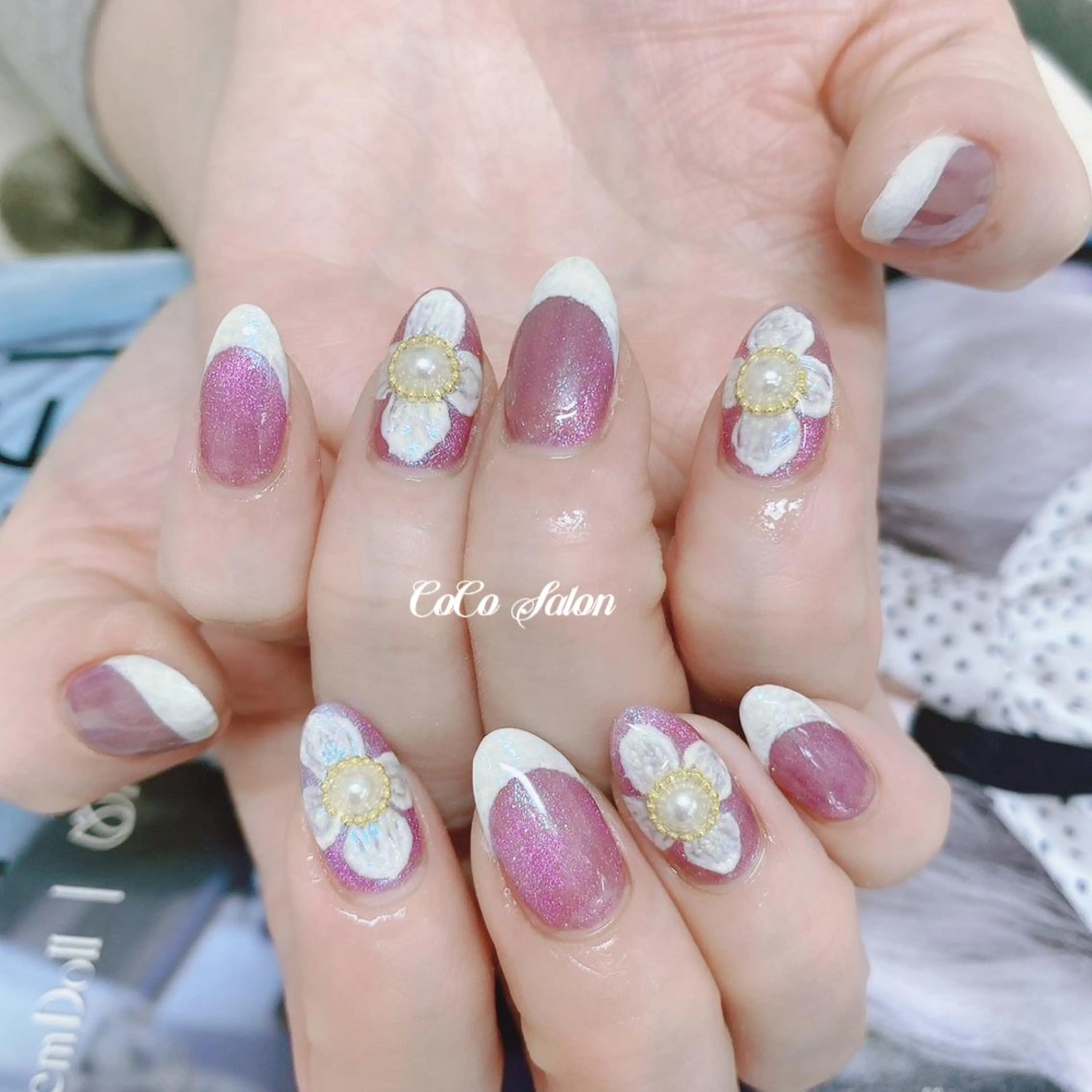 ネイル オーロラネイル 長さ出し フラワーネイル フレンチネイル ジェルネイル ハンドネイル CoCoSalon ネイル/まつ毛予約のネイルデザイン