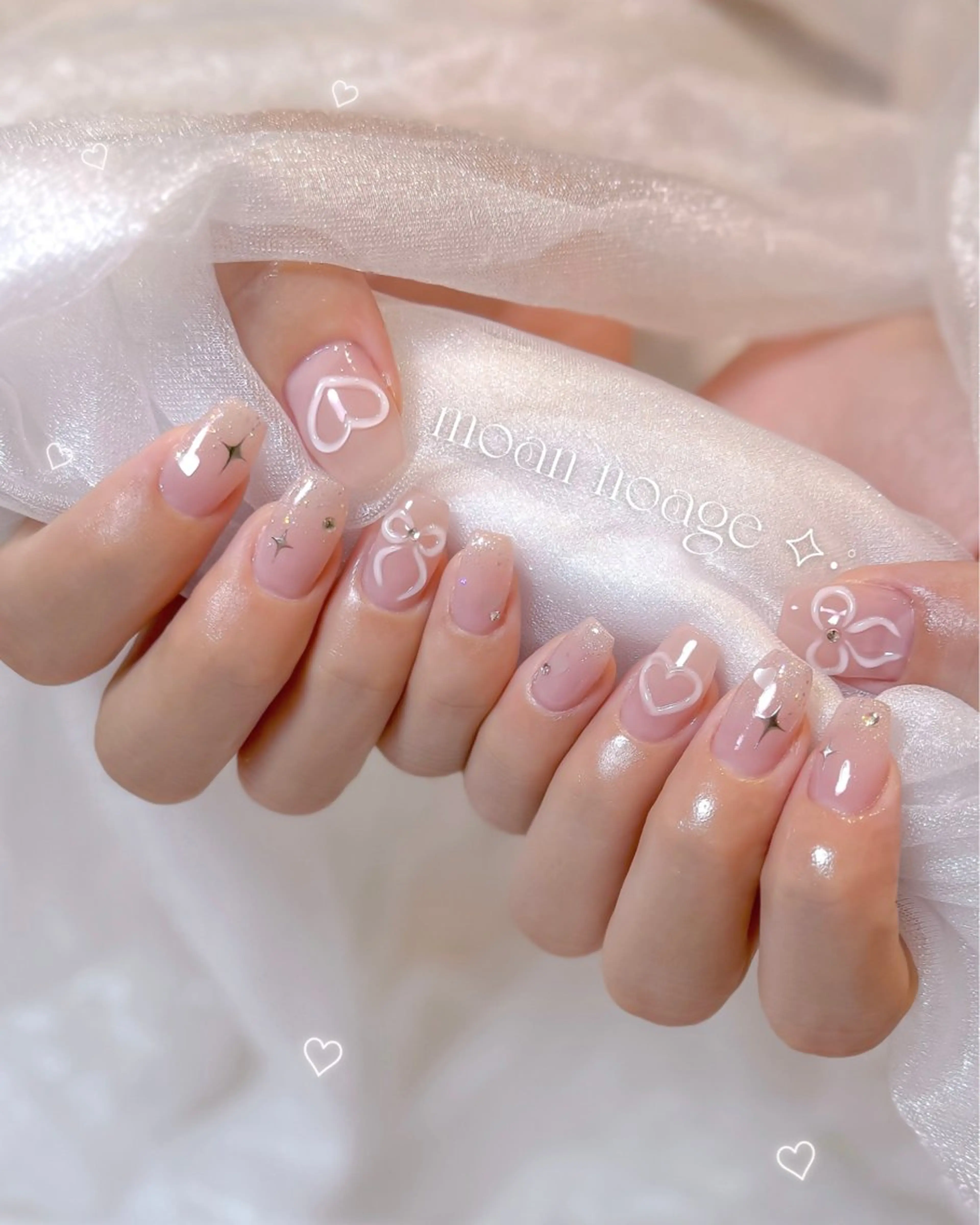 ネイル ハート ぷっくりネイル リボン ハンドネイル moan noageのネイルデザイン