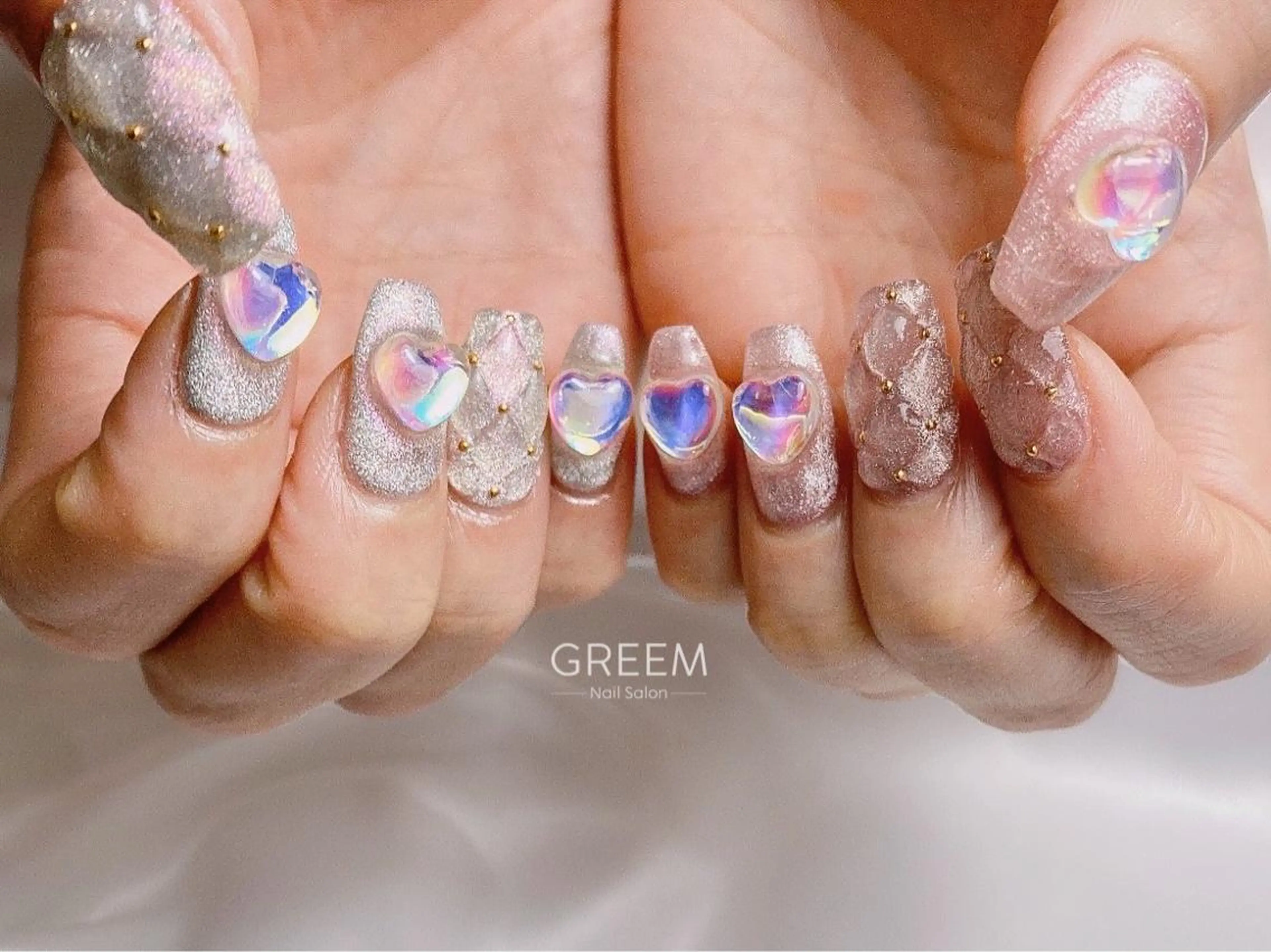 ネイル オーロラネイル クリアネイル ハート マグネットネイル ぷっくりネイル GREEM グリームのネイルデザイン