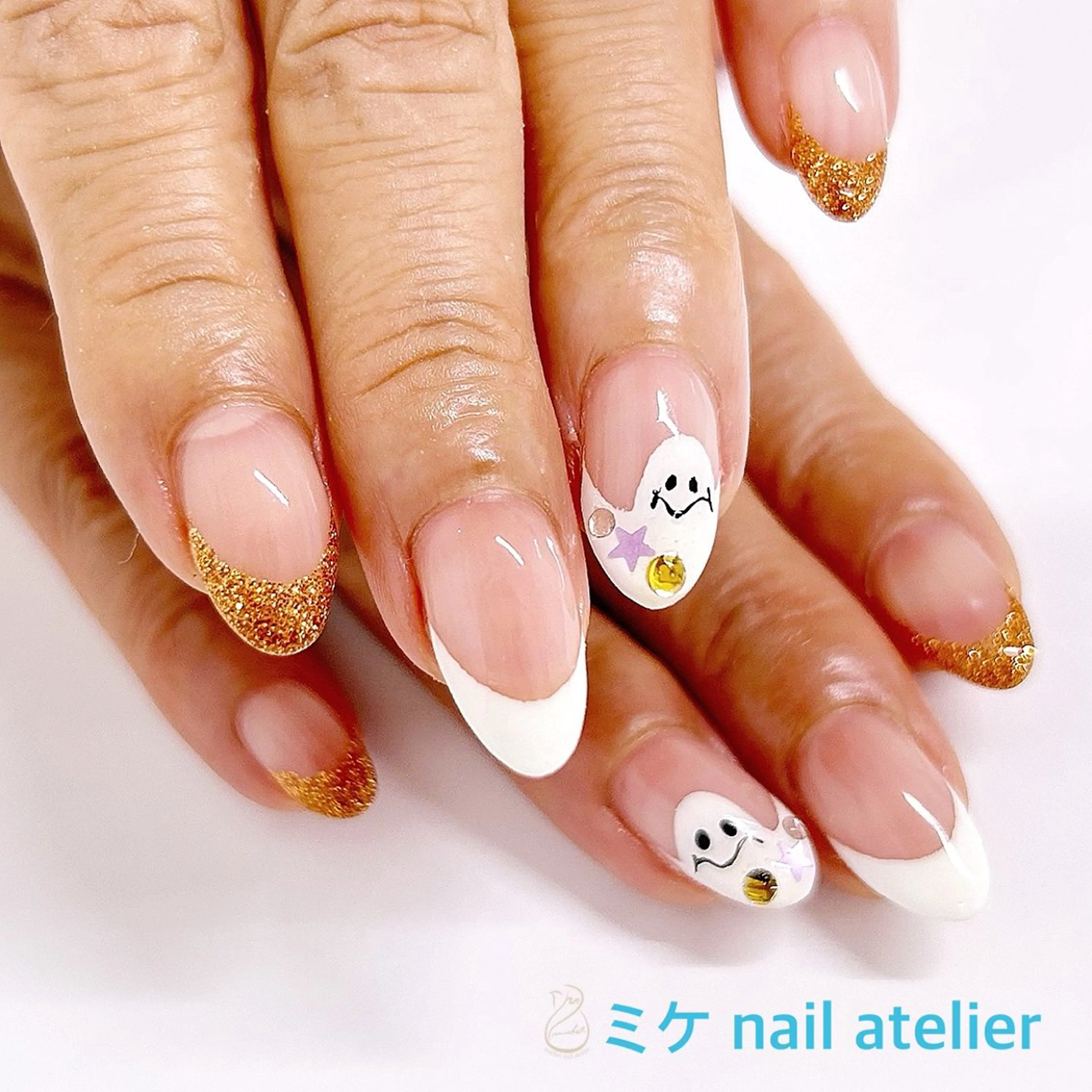 ネイル フレンチネイル ジェルネイル ゴールド ハロウィン オレンジ ハンドネイル h. rikaのネイルデザイン