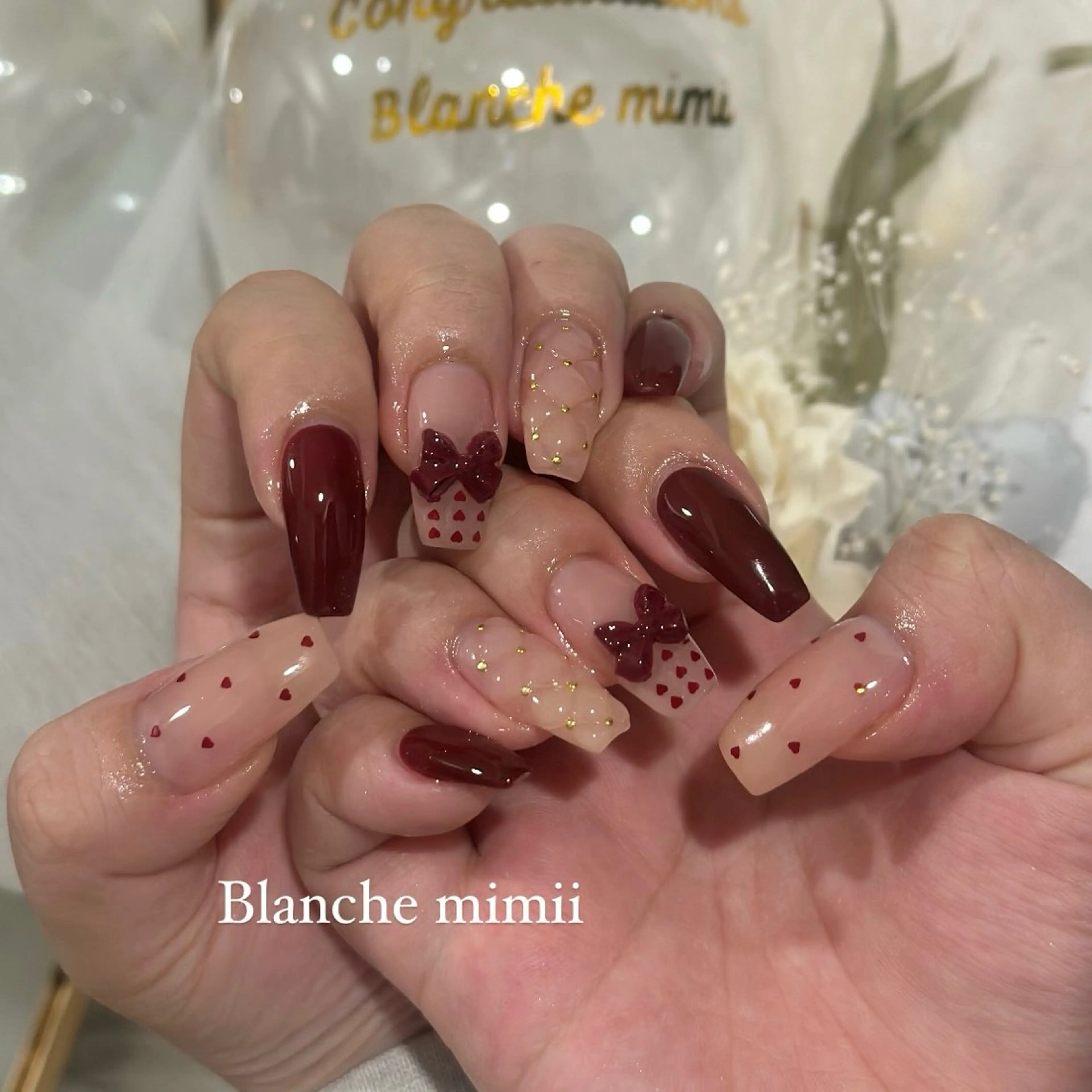 ネイル ボルドー ハート ワンカラーネイル リボン バレンタイン ハンドネイル Blanche　mimii所属・Blanche Ayaのネイルデザイン