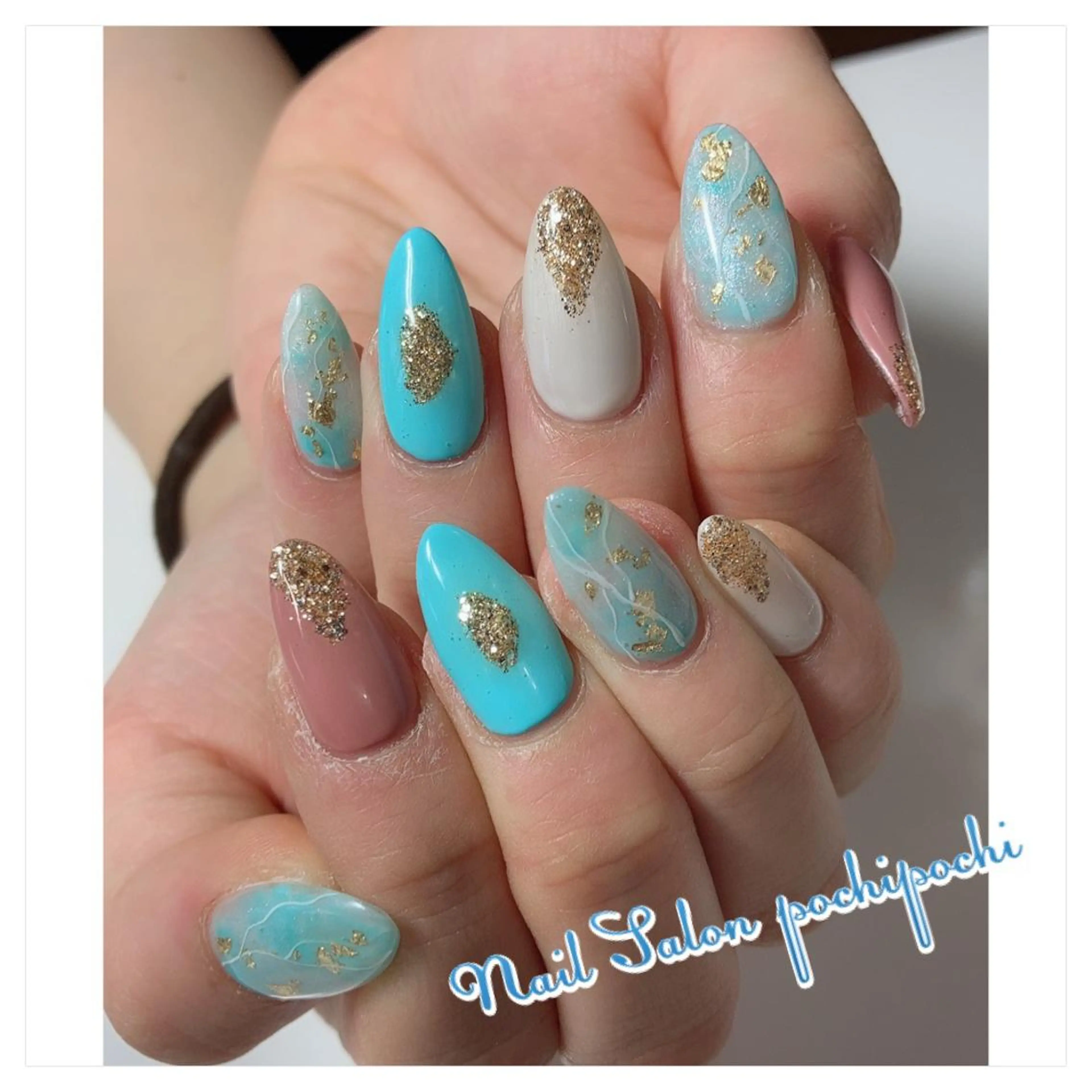ネイル ブルー ジェルネイル ラメ(グリッター) 大理石ネイル(マーブル) ワンカラーネイル Nail Salon Mahaloのネイルデザイン