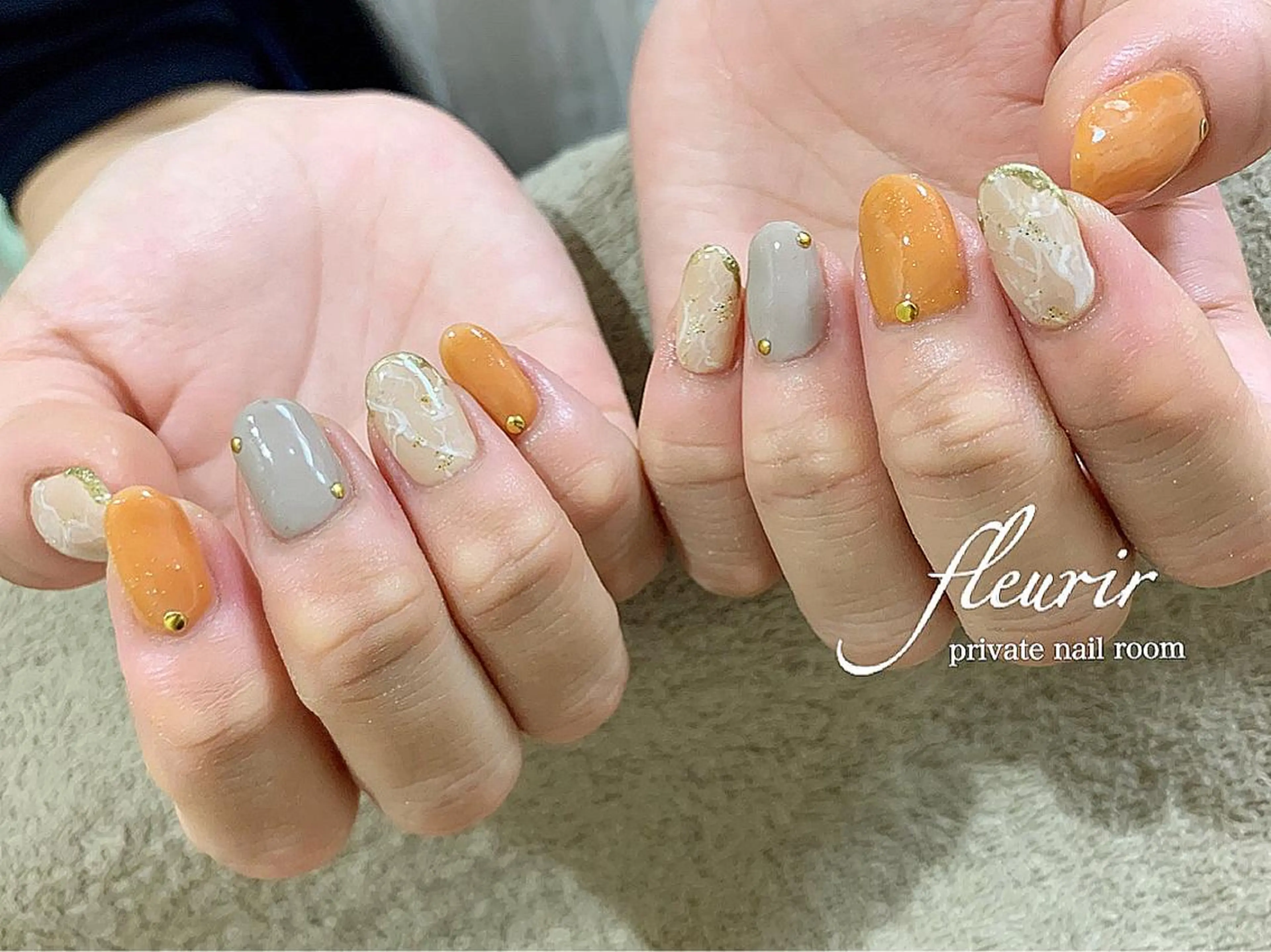 ネイル 大理石ネイル(マーブル) オレンジ 春ネイル フルリール 【プライベートサロンのネイルデザイン