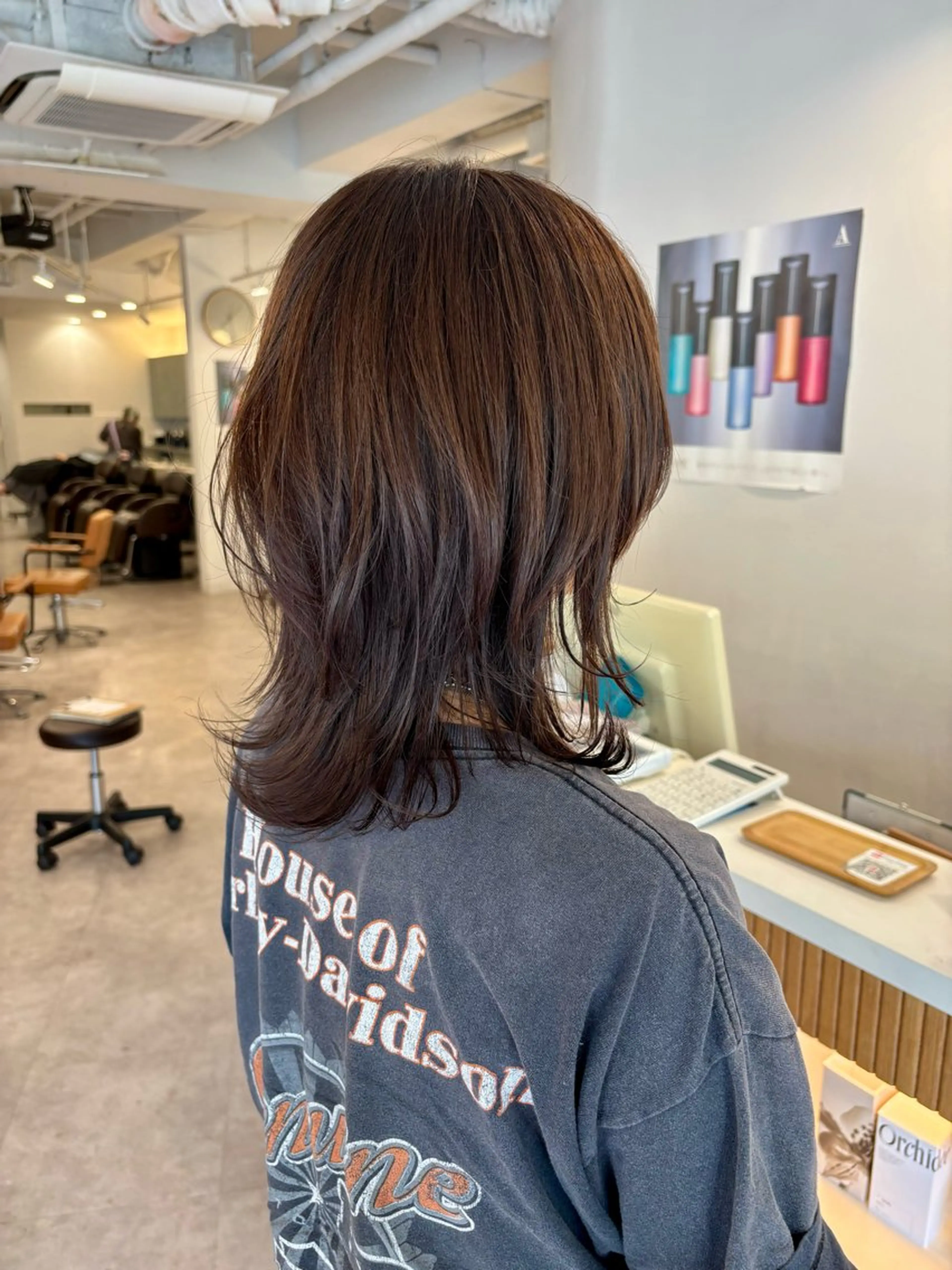 ミディアム カラー くびれヘア ウルフカット カット ヘアカラー 細野 菜月のヘアスタイル
