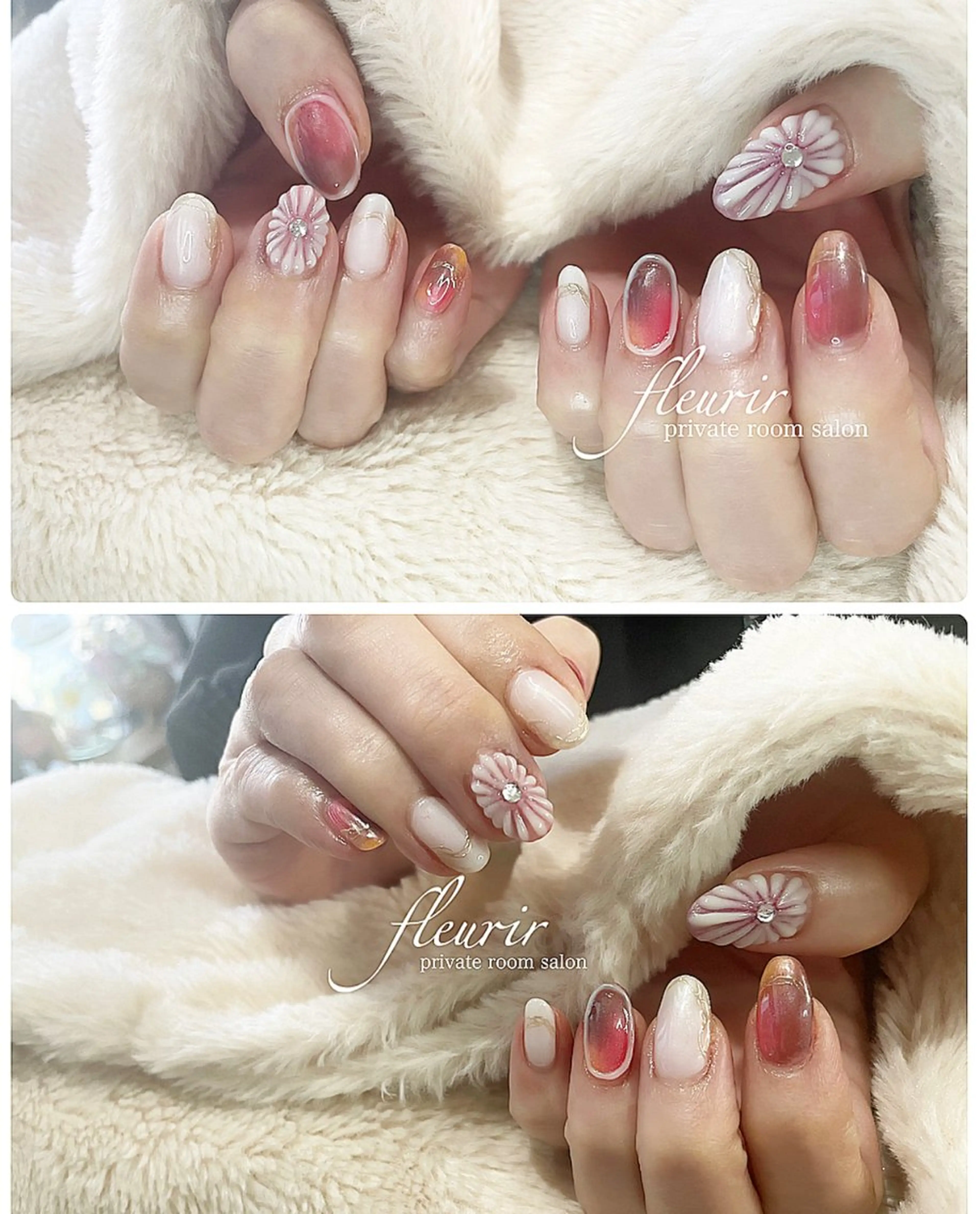 ネイル アートネイル フラワーネイル ゴールド ミラーネイル ホワイト フルリール 【プライベートサロンのネイルデザイン