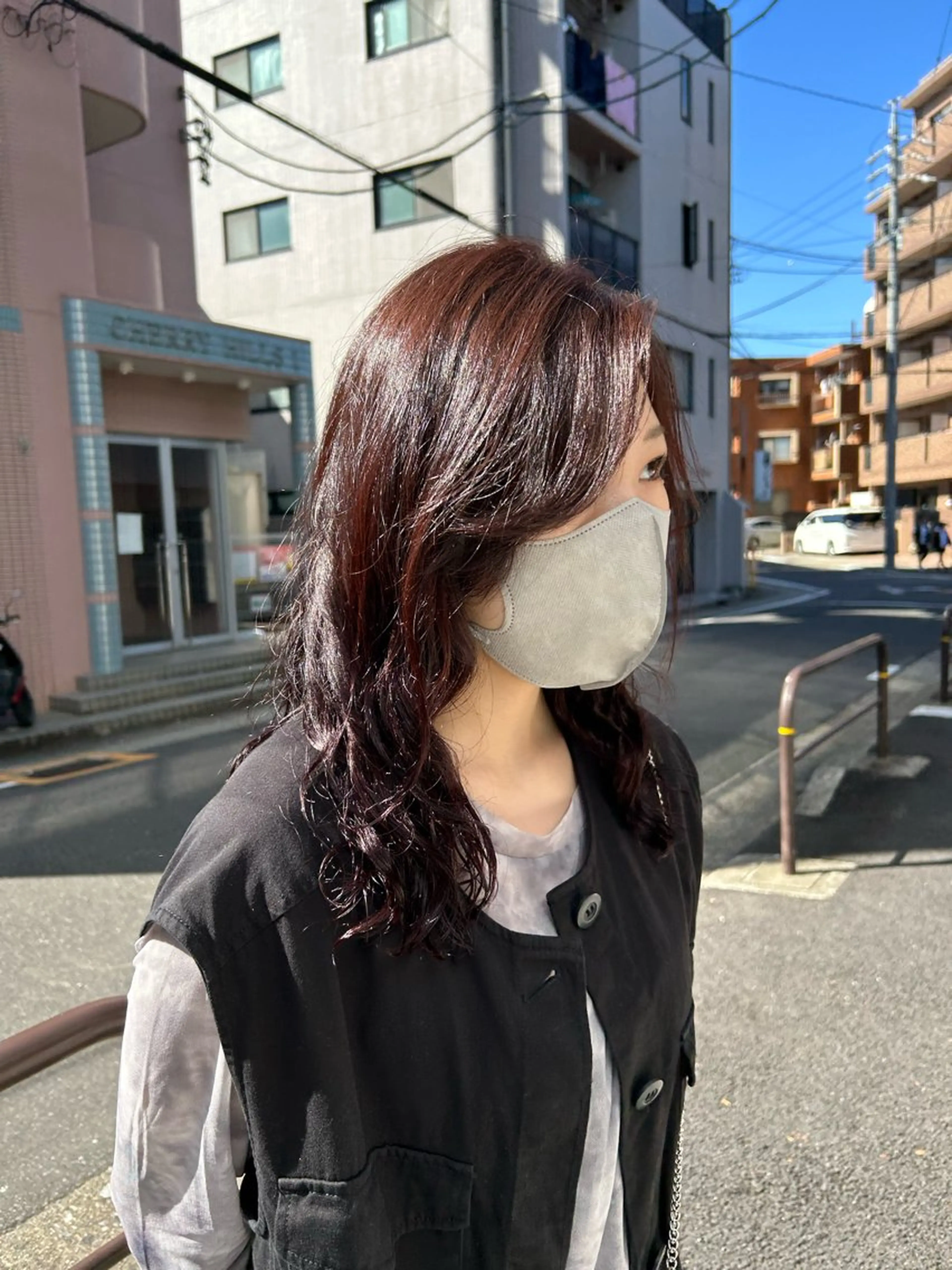 セミロング カラー パーマ セミロングパーマ レッドカラー 成田 智彩のヘアスタイル