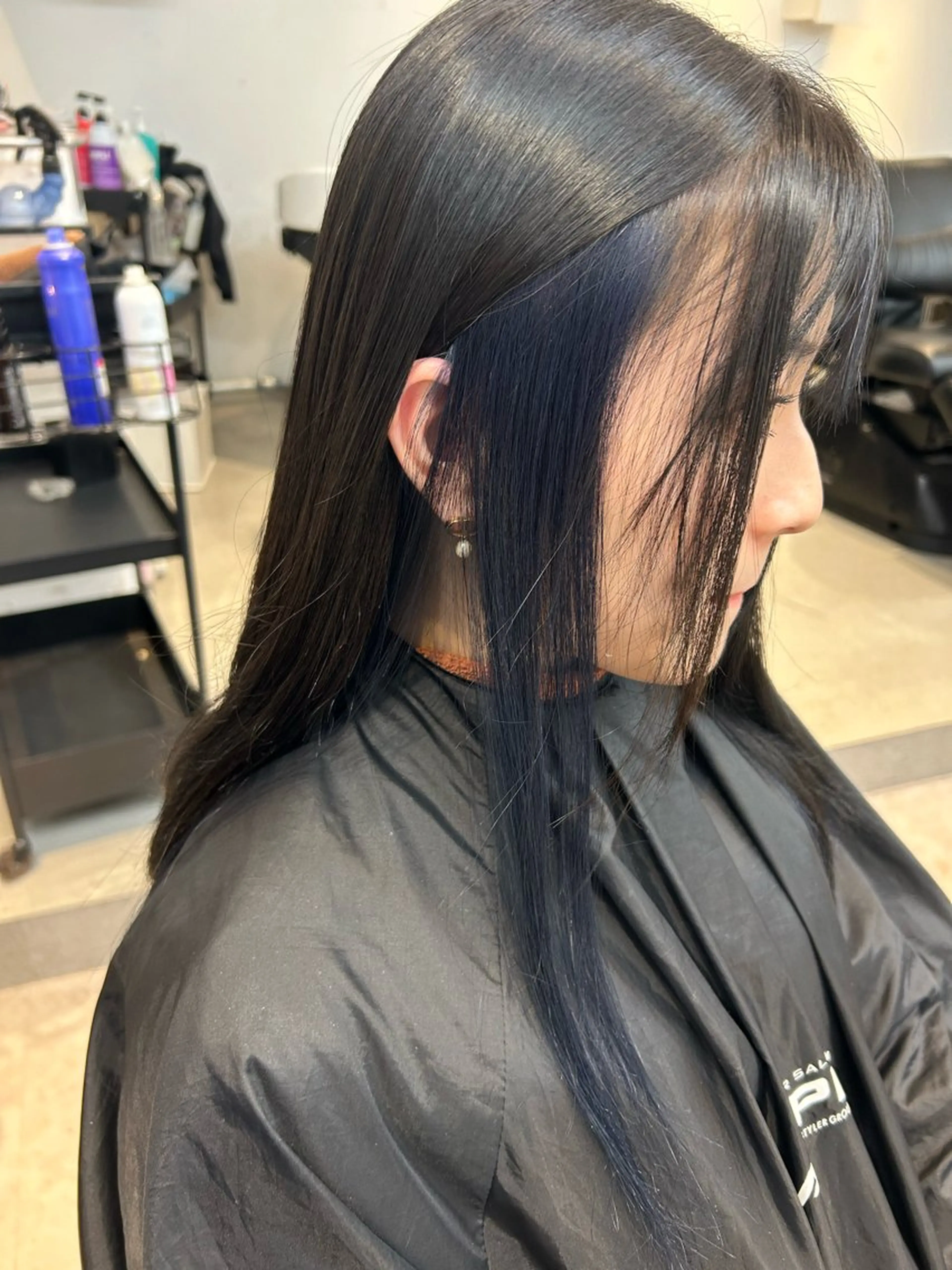 ロング カラー シールエクステ バレイヤージュ ミストバング 黒髪 ブリーチ alpha. カラーエクステ下妻のヘアスタイル