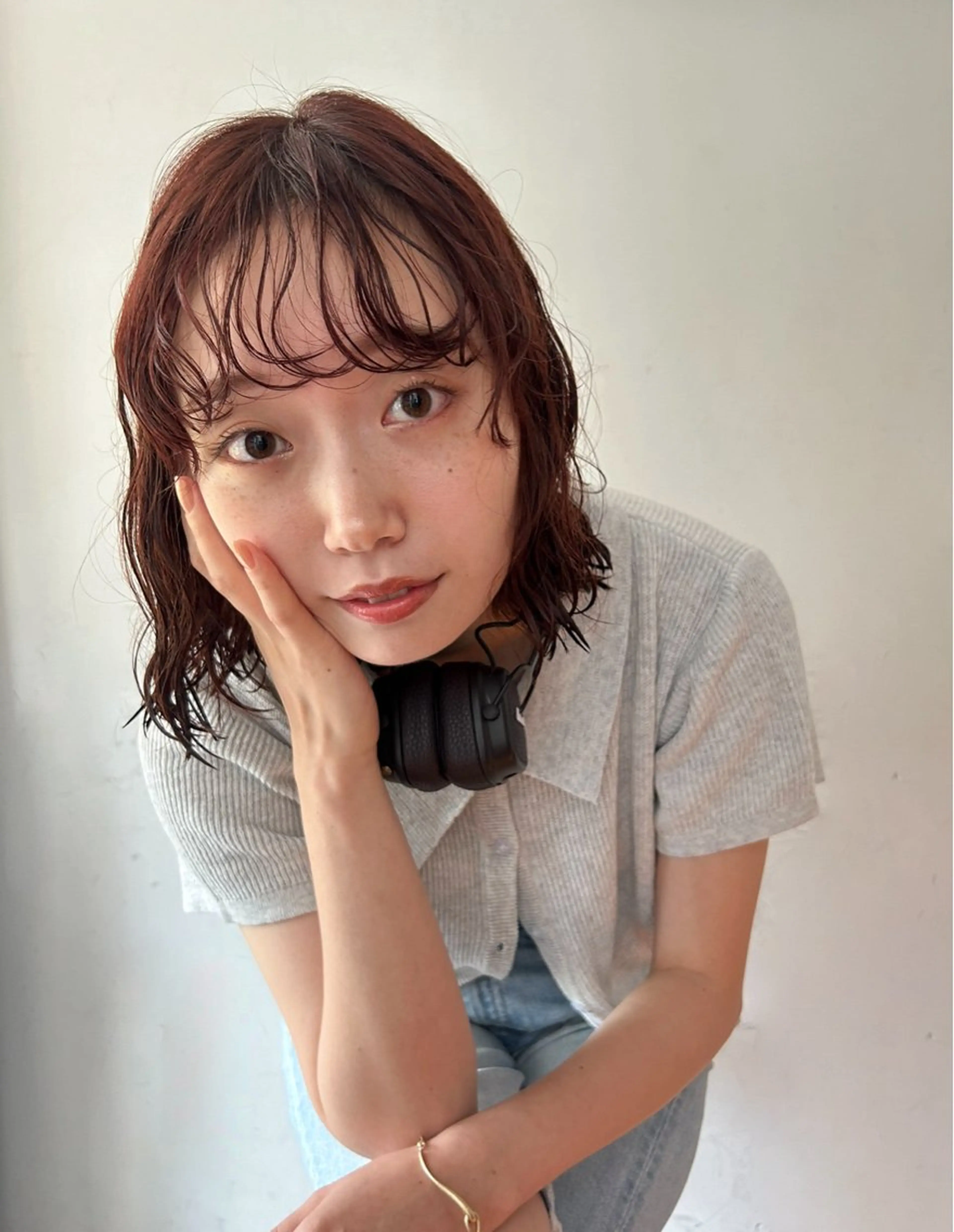 ミディアム カラー パーマ ミディアムパーマ オレンジ ピンクカラー 小川真歩/パーマ /暖色オリーブのヘアスタイル