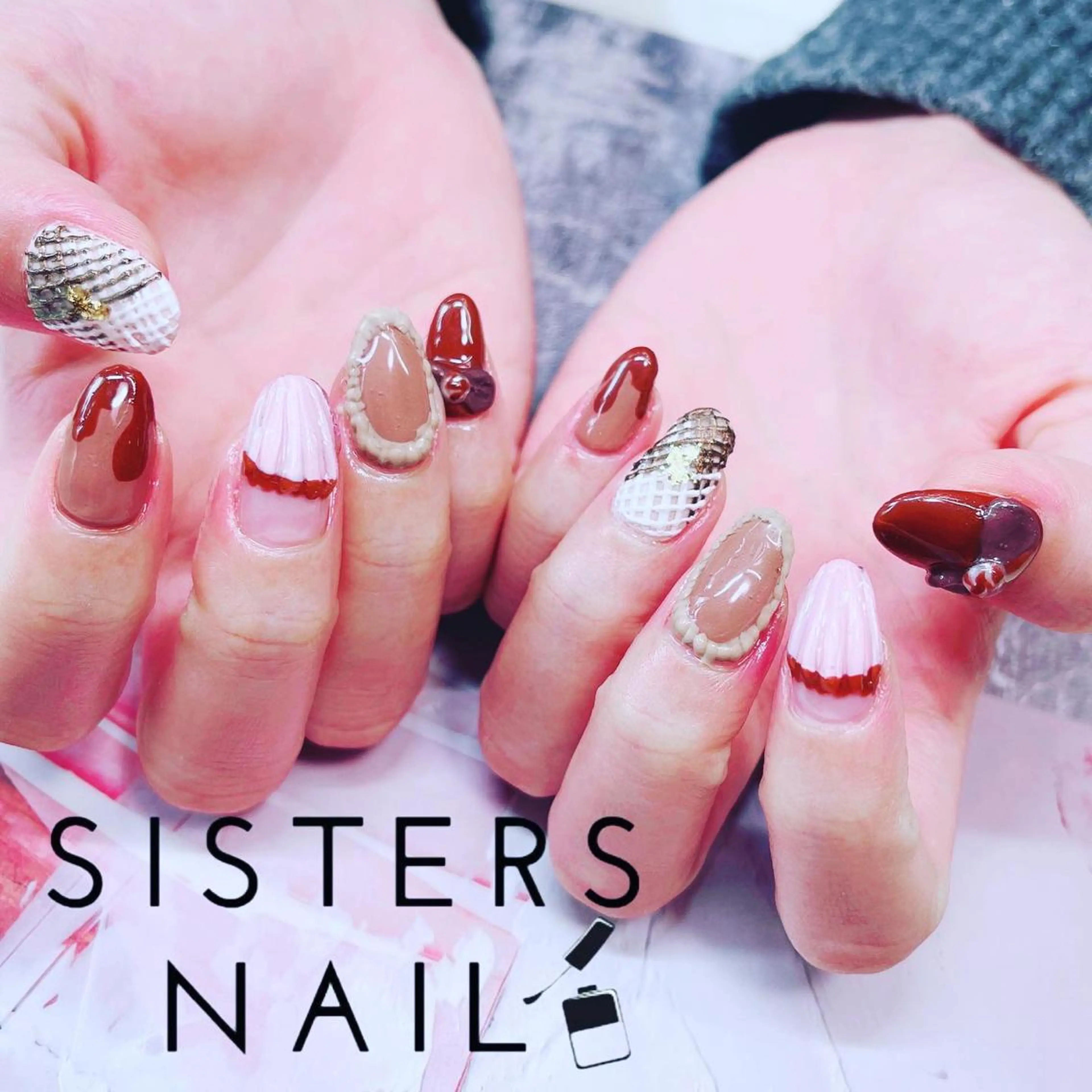 ネイル アートネイル リボン バレンタイン ハンドネイル ハンドケア sisters nail.fのネイルデザイン
