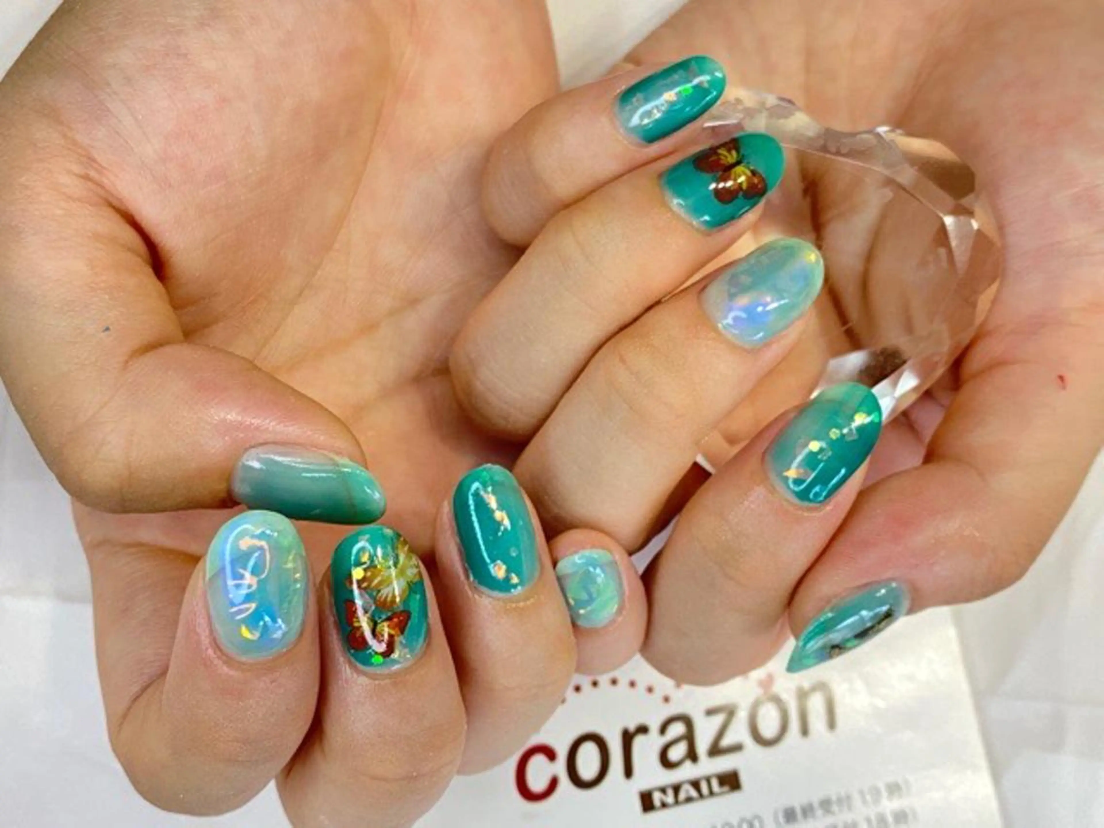ネイル グラデーション グリーン 氷ネイル・うるうるネイル マットネイル オレンジ corazon所属・ネイリスト aicoのネイルデザイン