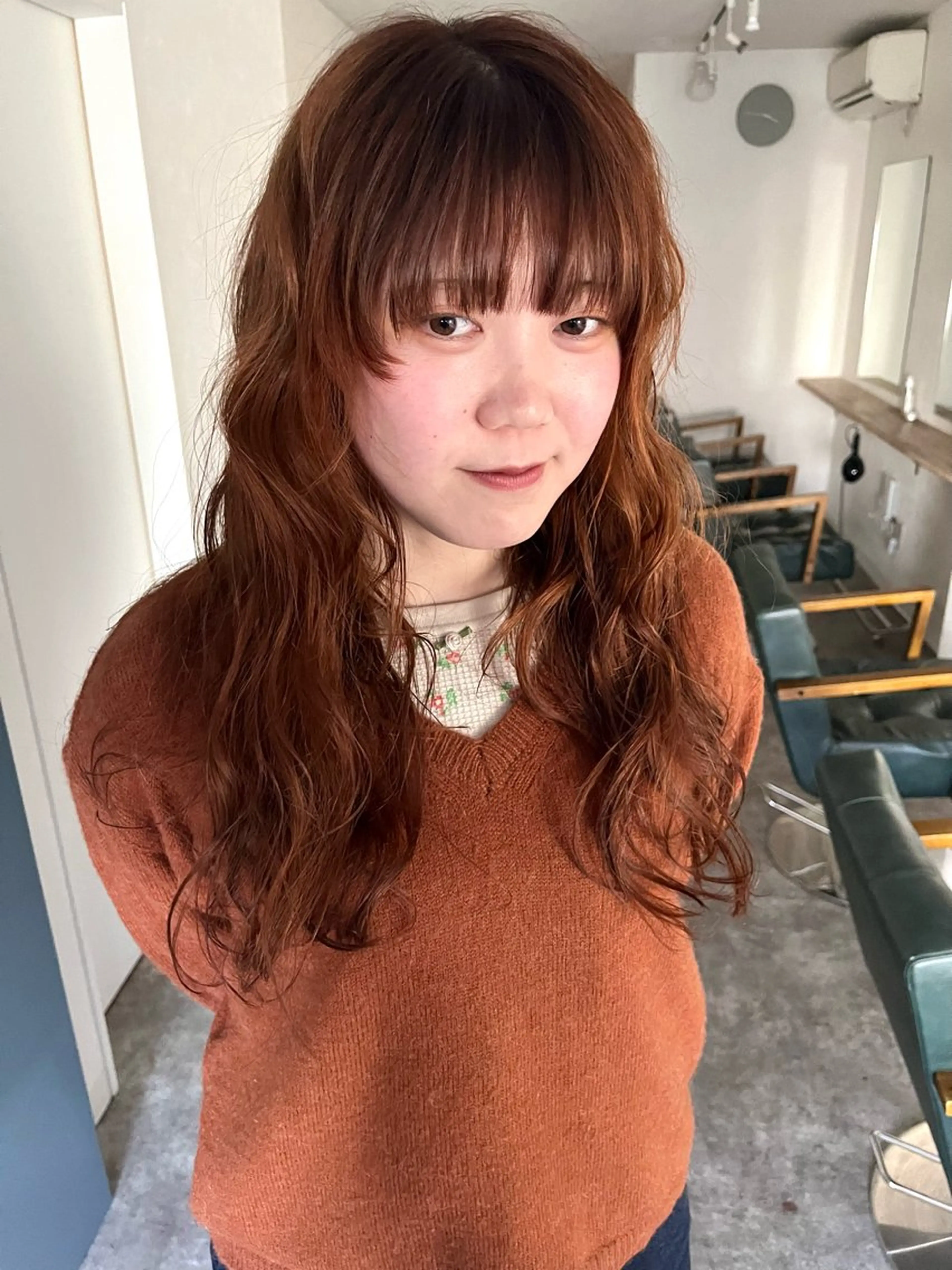 ロング カラー パーマ ブラウンカラー オレンジ オレンジブラウン カット ヘアカラー パーマ トリートメント 金井京介/パーマ /レイヤー/ボブのヘアスタイル