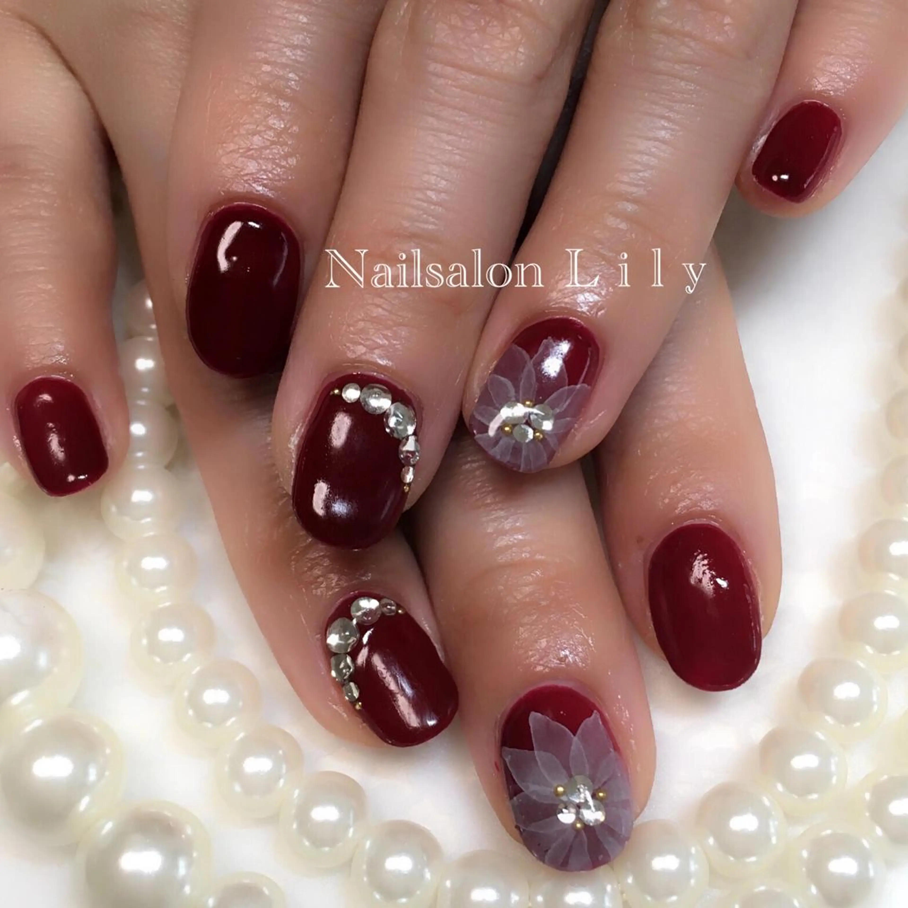ネイル アートネイル ボルドー フラワーネイル Nailsalon Lilyのネイルデザイン