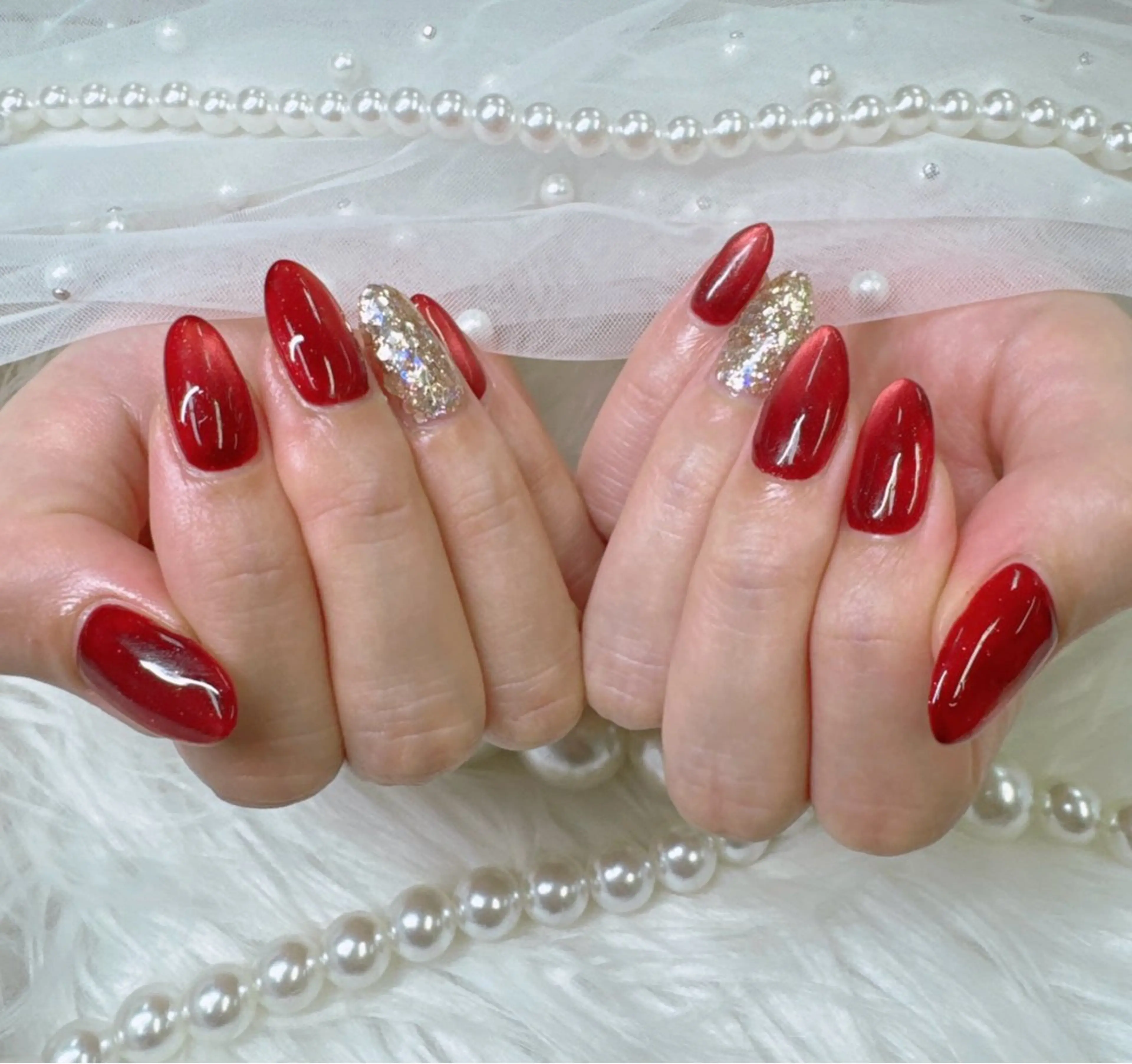 ネイル 成人式 ドット フレンチネイル ジェルネイル ガラスフレンチ ハンドネイル クイーンズネイル銀座所属・Queeens nailのネイルデザイン