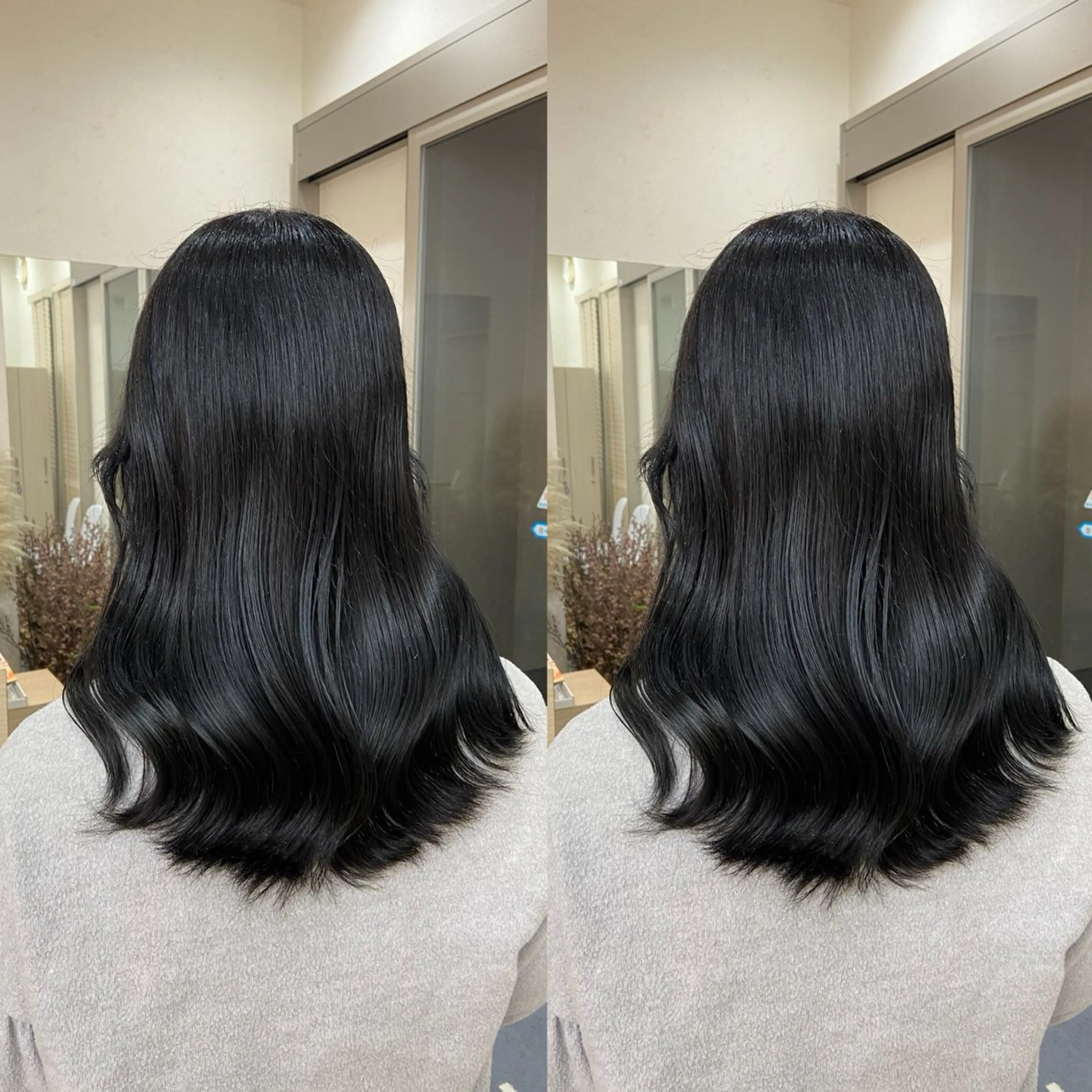 セミロング カラー 黒髪 ブルーカラー ブルーブラック 吉成 葉南のヘアスタイル