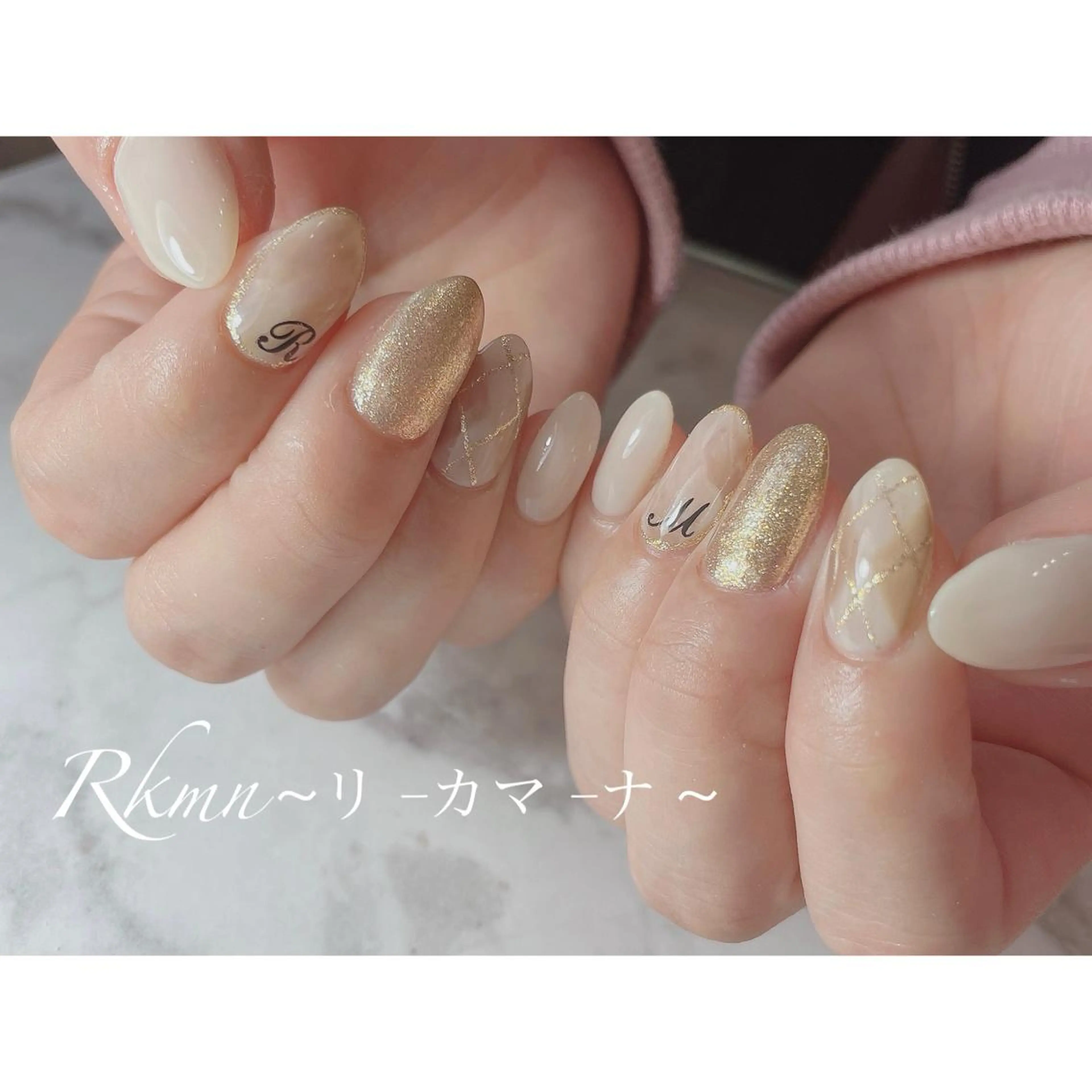 ネイル アートネイル ラメ(グリッター) 大理石ネイル(マーブル) 春ネイル ホワイト ハンドネイル フットネイル ハンドケア Rkmn ~リ-カマ-ナ~のネイルデザイン