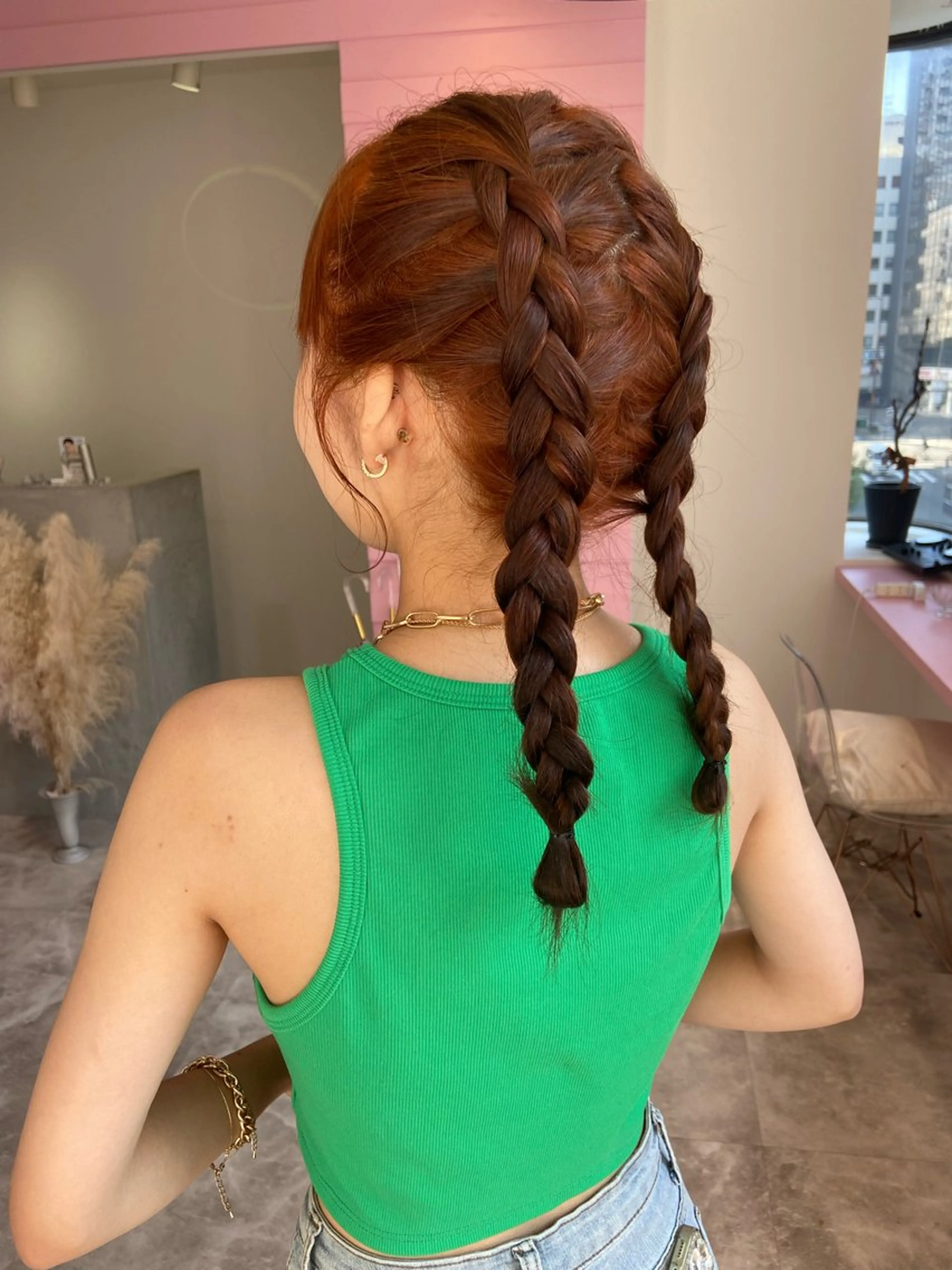 ミディアム カラー ヘアアレンジ ブリーチ ダブルカラー ブリーチなしカラー オレンジ オレンジピンク memoto東三国店 🌼RENA🌼のマツエク・マツパデザイン