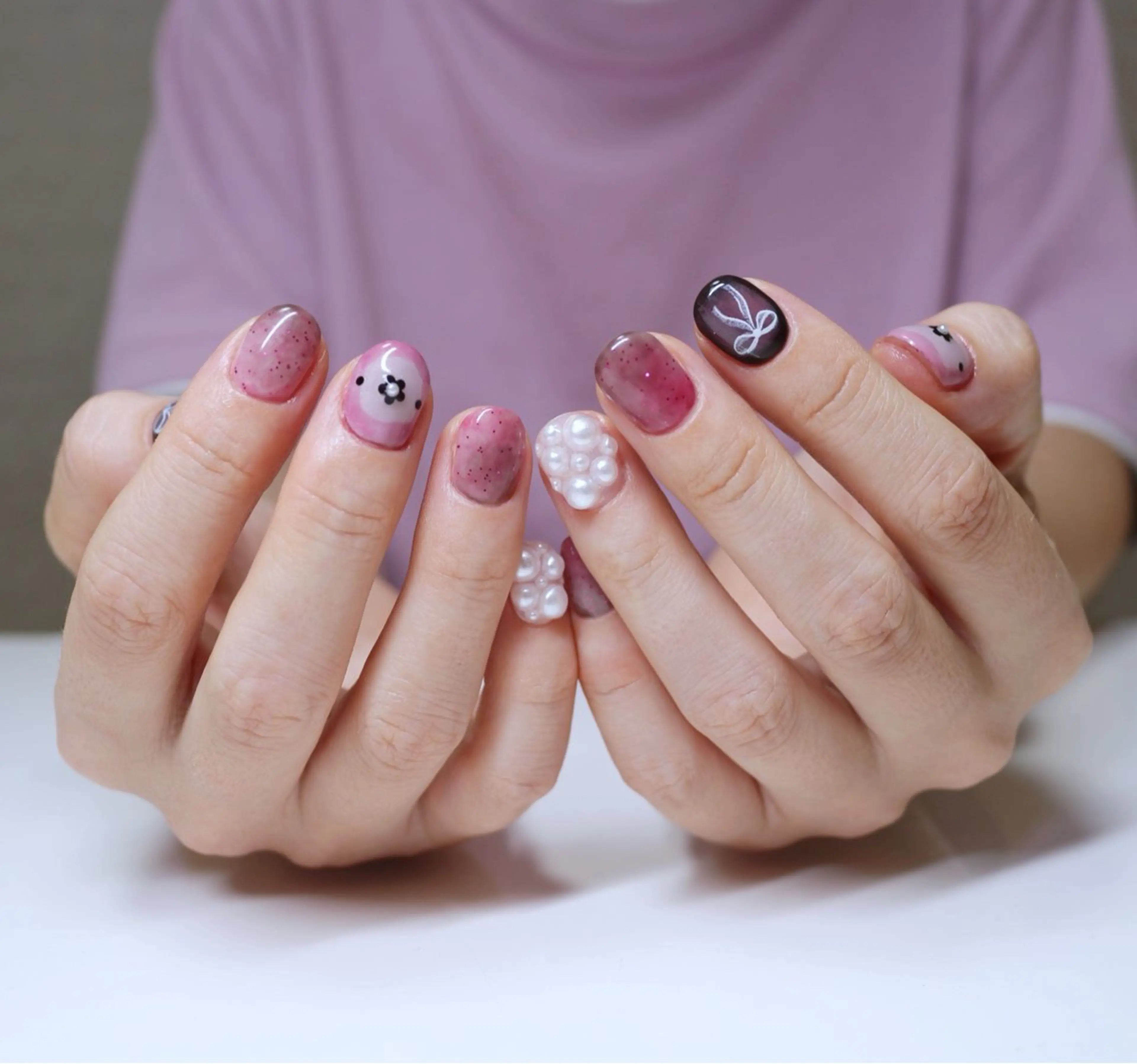 ネイル フラワーネイル 韓国ネイル ピンク リボン ハンドネイル Baku Nailsのネイルデザイン