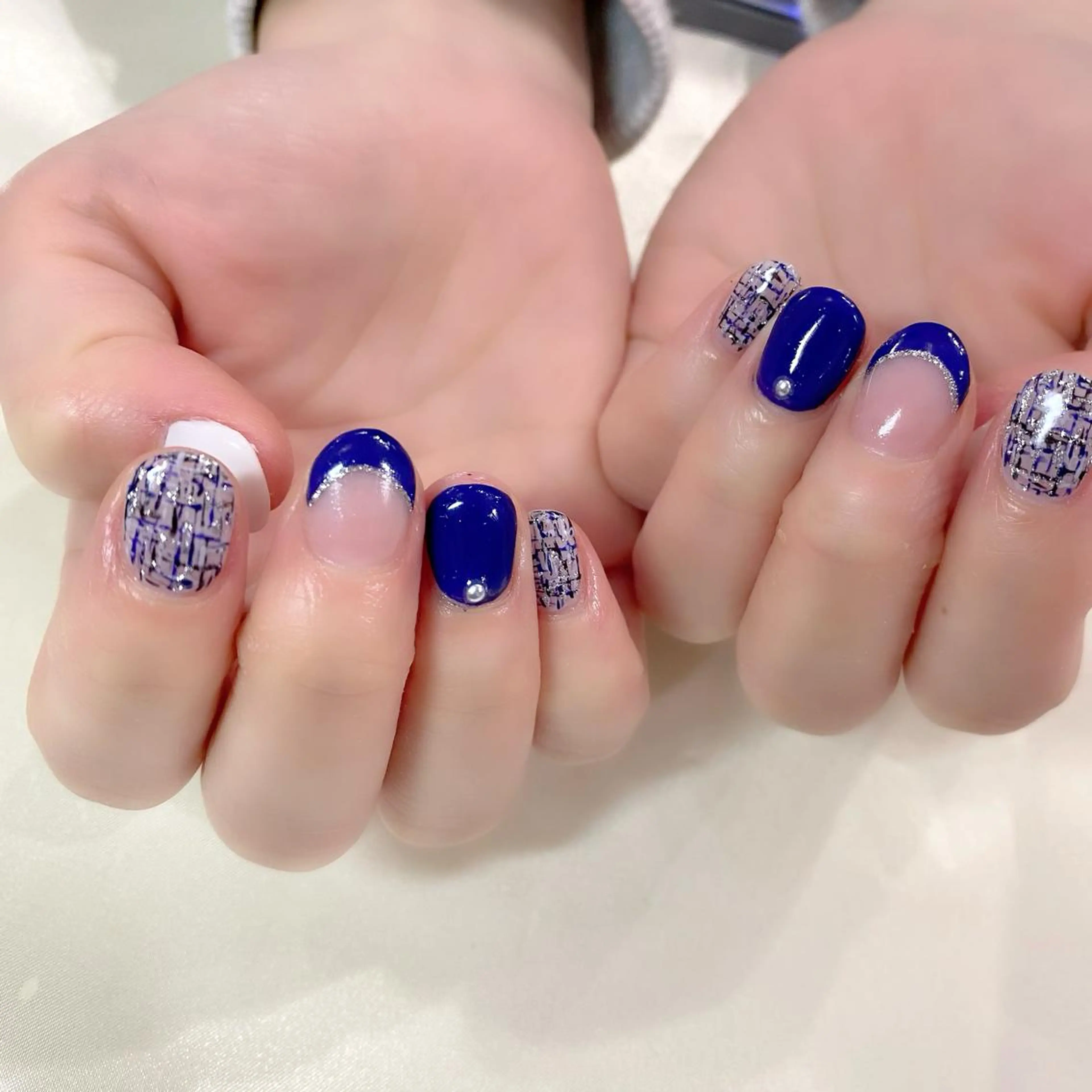 ネイル ブルー フレンチネイル ネイビー ツイードネイル 冬ネイル ハンドネイル Salon Ｋのネイルデザイン