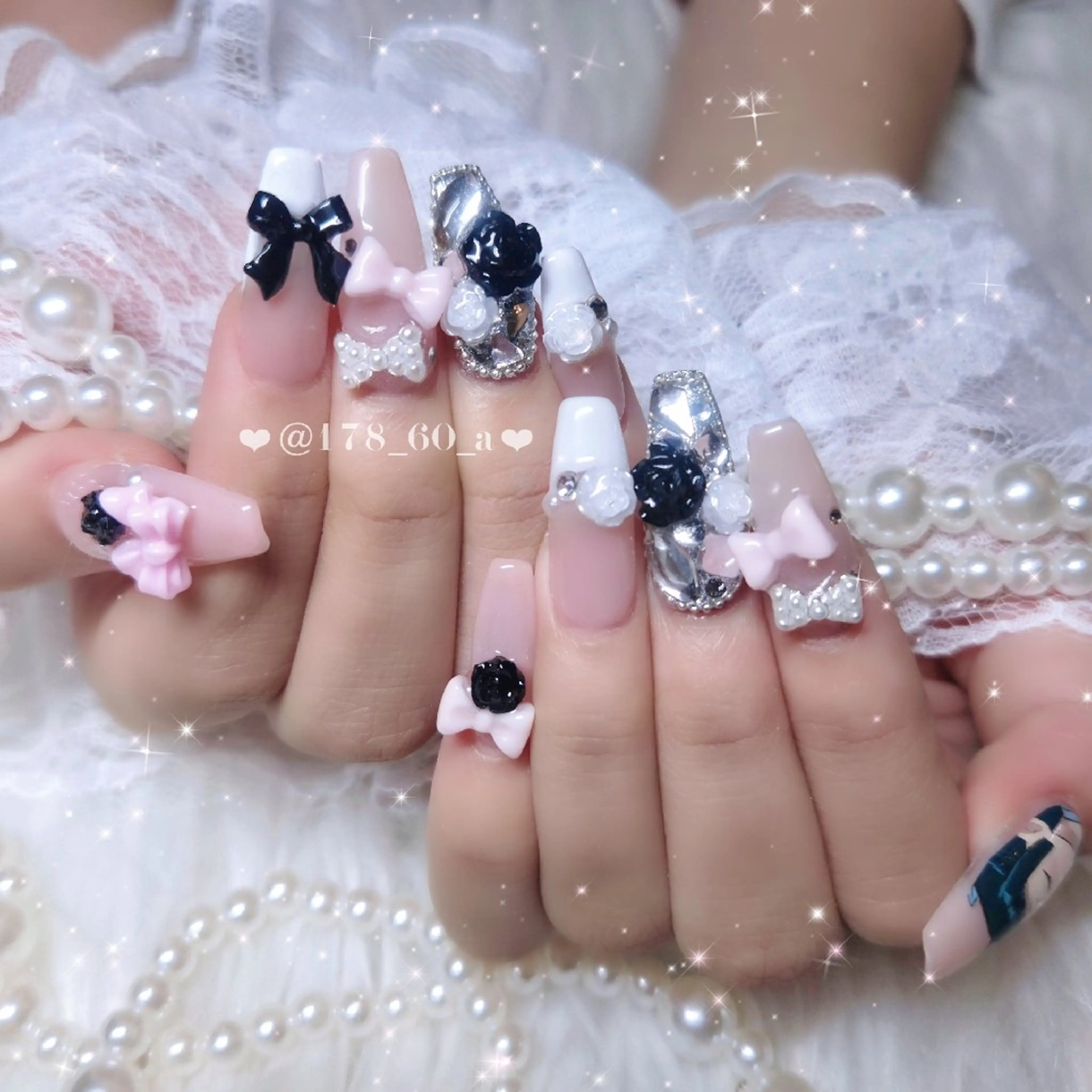 ネイル フレンチネイル ガーリー ピンク リボン スカルプネイル ハンドネイル HAPPINAS れん┊痛ネイル&3Dのネイルデザイン