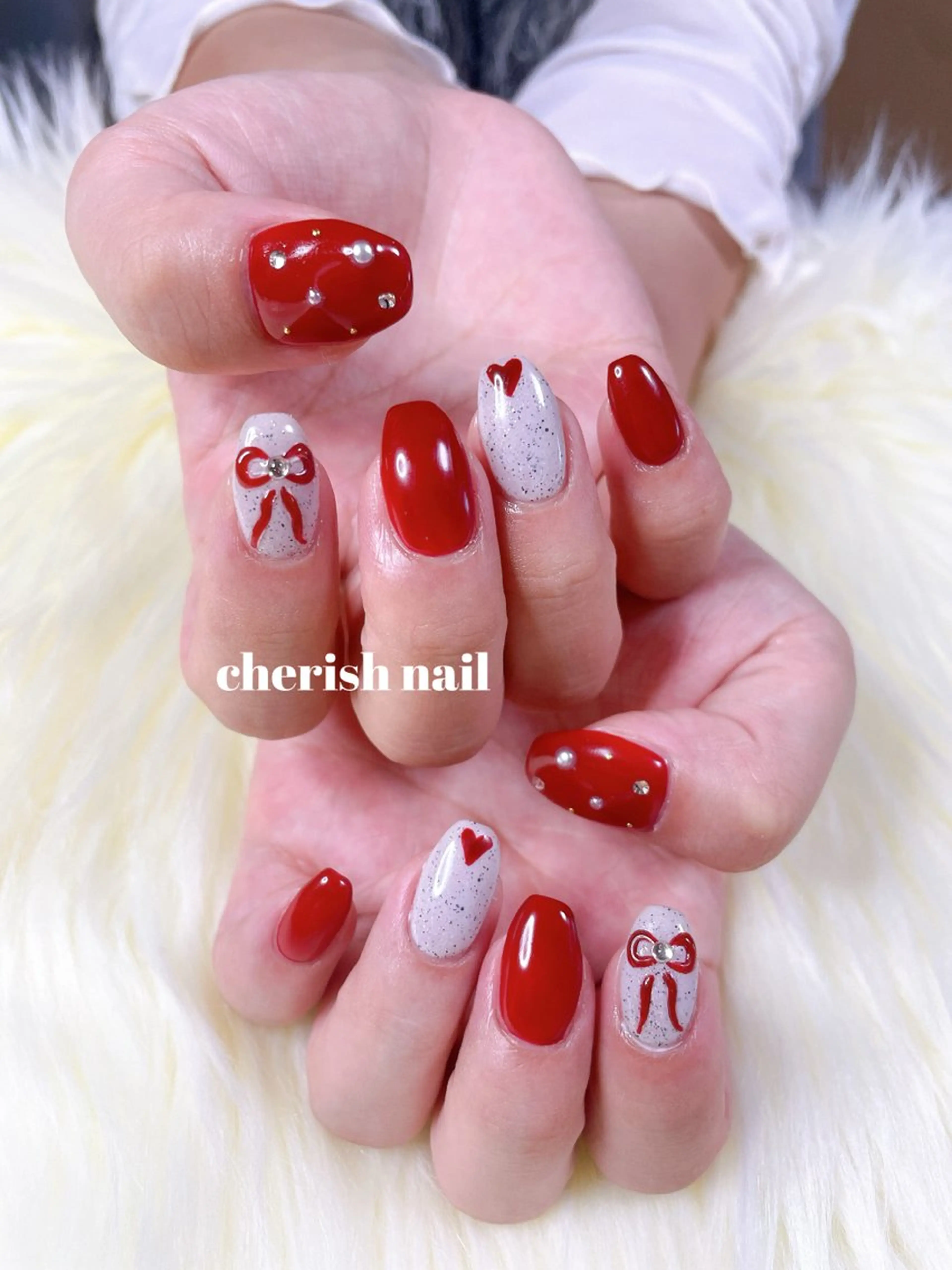 ネイル アートネイル ボルドー ハート リボン ハンドネイル cherish nailのネイルデザイン