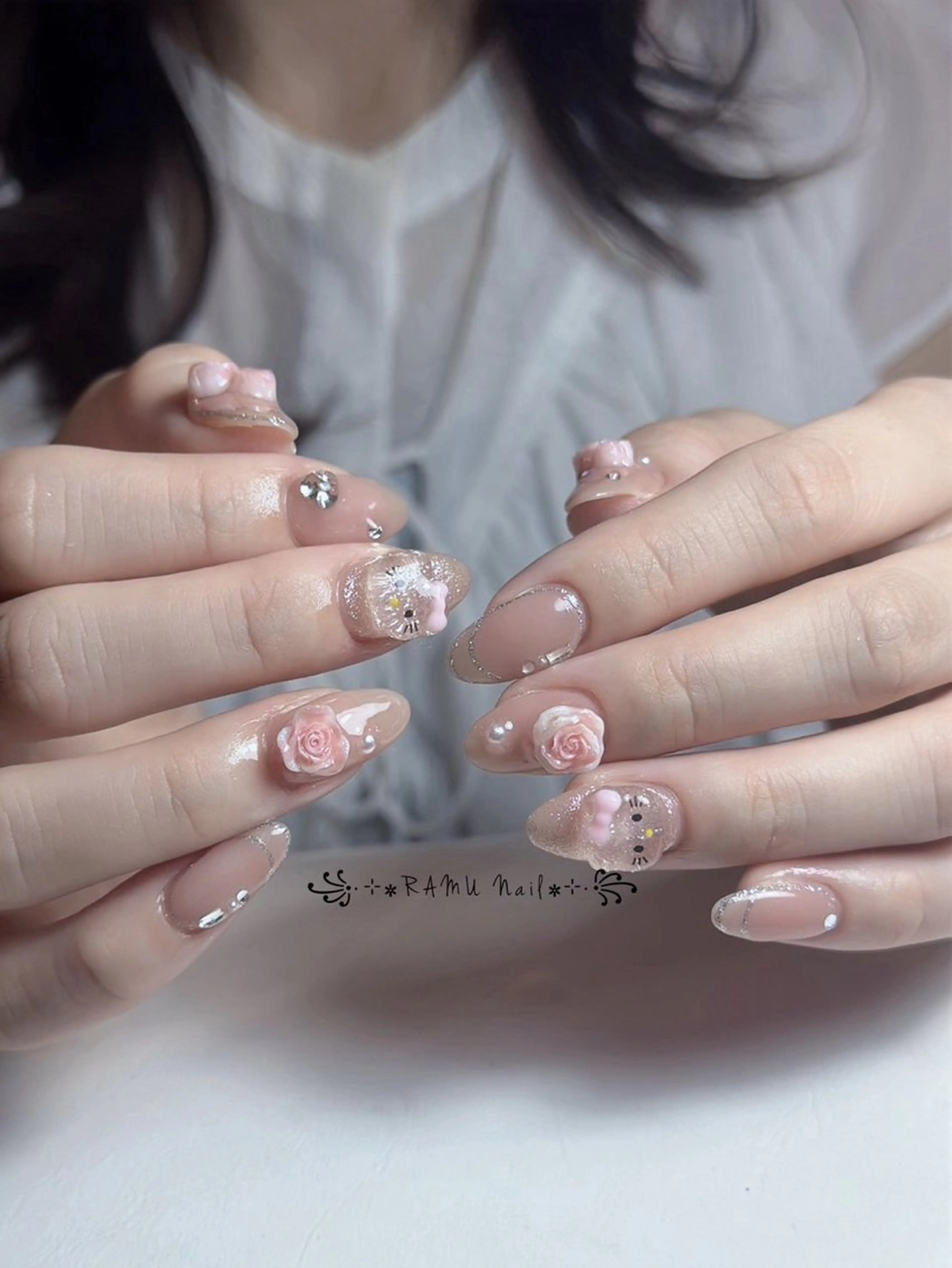 ネイル キラキラネイル マグネットネイル ミラーネイル ピンク 夏ネイル ハンドネイル RAMU Nail 恵比寿店のネイルデザイン